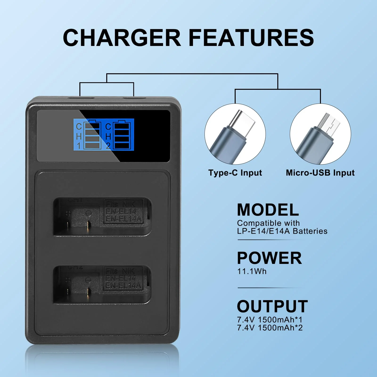 EN-EL14 / EN-EL14a 2-Pack Batteries and Charger for Nikon D5100 D5200 D5300 D5500 D5600 D3100 D3200 D3300 D3400 D3500 DF Coolpix P7000 P7100 P7700 P7800 Cameras 2 batteries and charger - Image 6