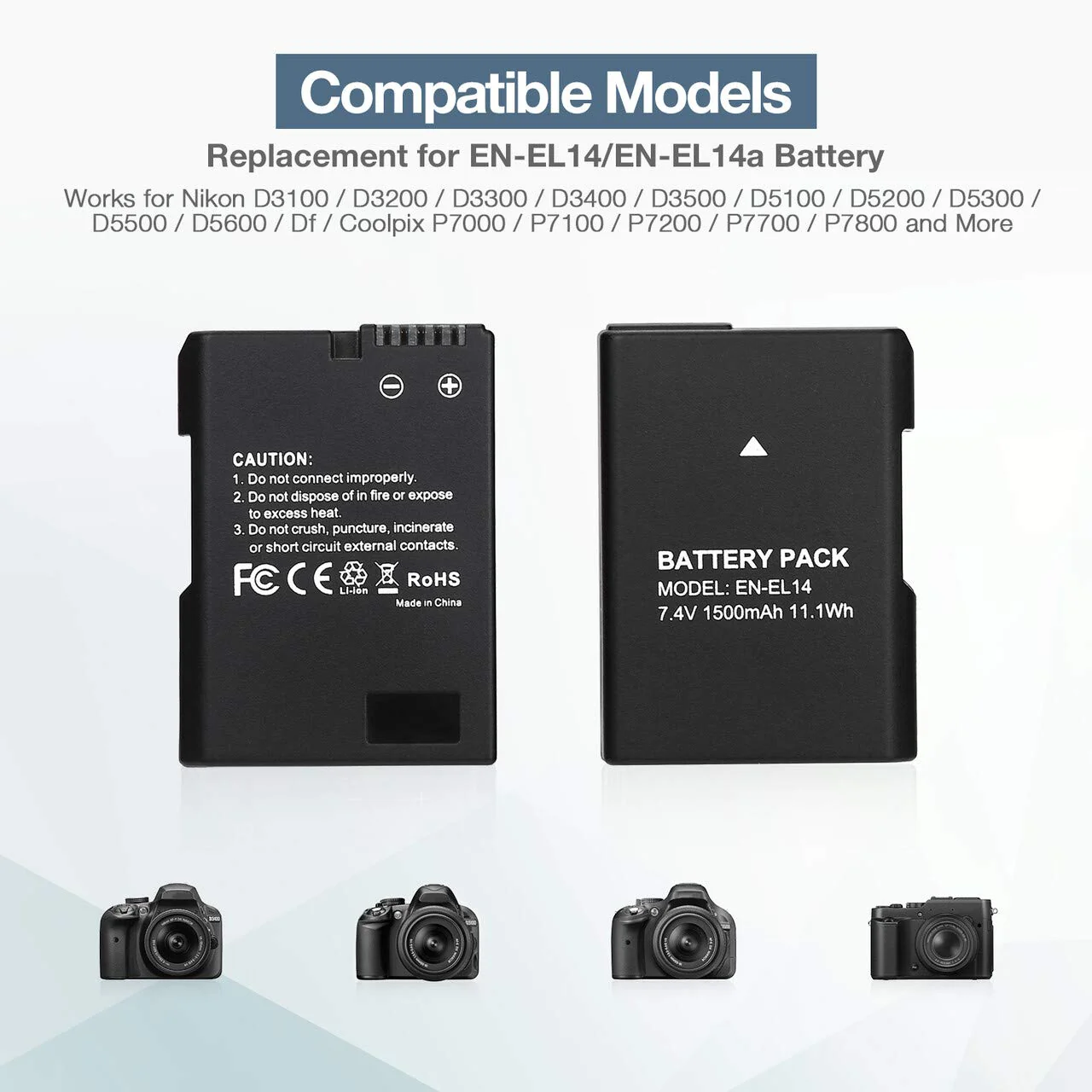 EN-EL14 EN EL14A Battery USB Charger and 2-Pack Rechargeable Batteries Replacement Compatible with Nikon D3100 D3200 D3300 D3400 D3500 D5100 D5200 D5300 D5500 D5600 DF Coolpix P7000 P7100 P7700 P7800 - Image 3
