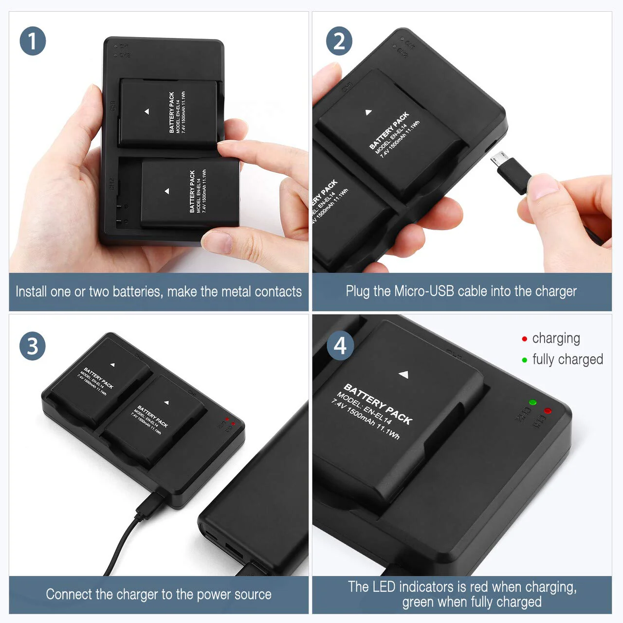 EN-EL14 EN EL14A Battery USB Charger and 2-Pack Rechargeable Batteries Replacement Compatible with Nikon D3100 D3200 D3300 D3400 D3500 D5100 D5200 D5300 D5500 D5600 DF Coolpix P7000 P7100 P7700 P7800 - Image 7