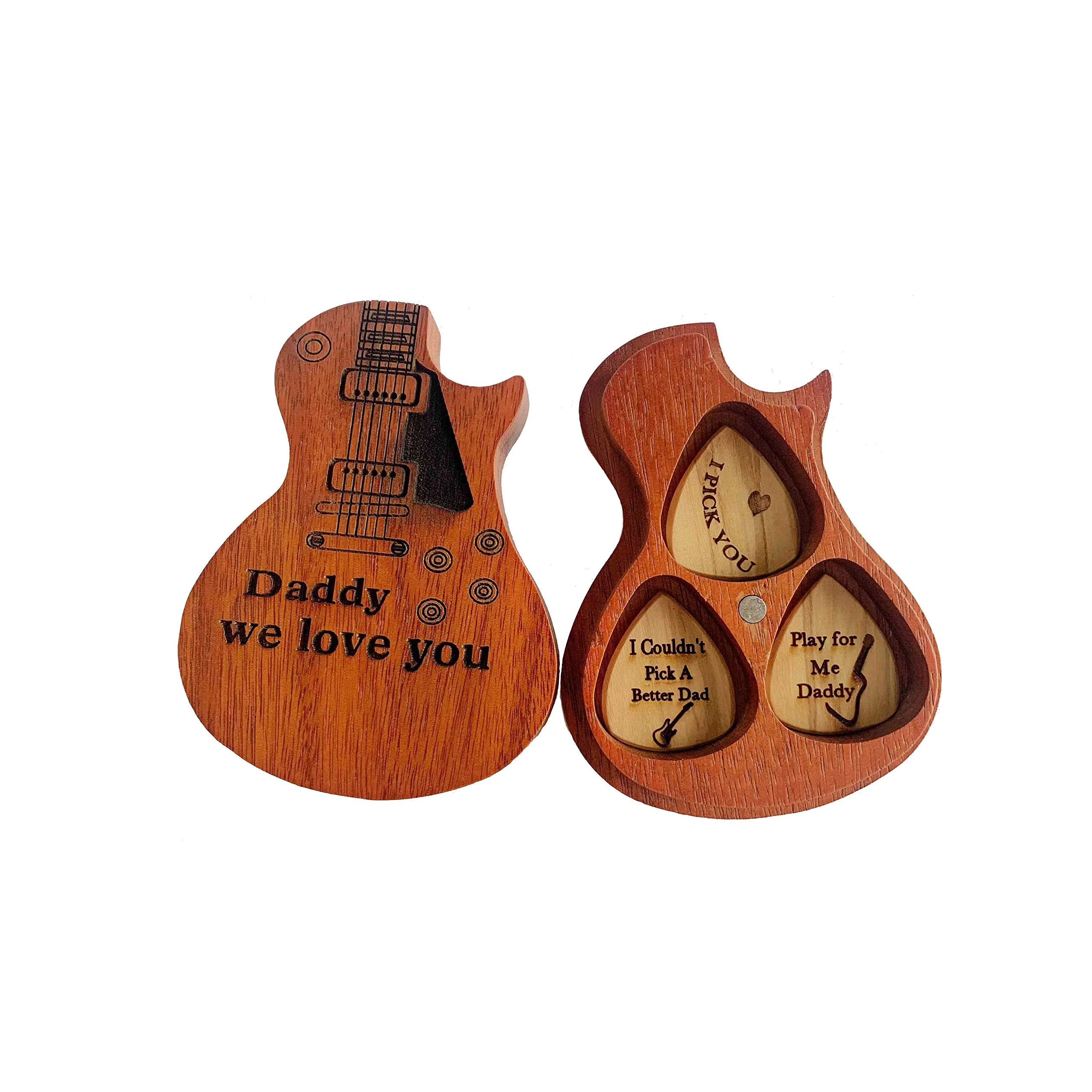 Engraved Guitar Pick Box For Dad, Guitar Shaped Guitar Pick Box, Personalized Wood Guitar Picks Box with 3 Pcs Guitar Picks Gift for Father's Day daddy
