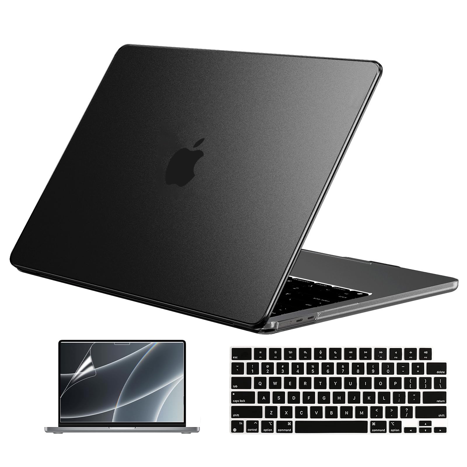 EooCoo Case Compatible with 2024 2023 2022 MacBook Air 13 inch Case M3 A3113 M2 A2681, Space Black Air 13.6" Plastic Hard Shell Case + Keyboard Skin Cover + Screen Protector, Space Black Clear Matte Space Black