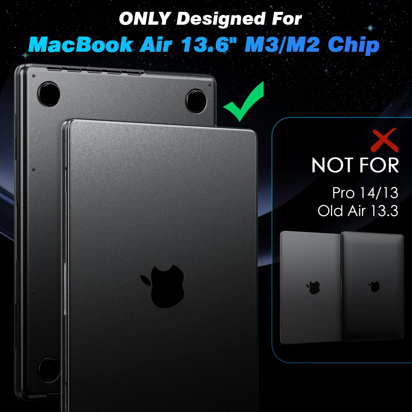 EooCoo Case Compatible with 2024 2023 2022 MacBook Air 13 inch Case M3 A3113 M2 A2681, Space Black Air 13.6" Plastic Hard Shell Case + Keyboard Skin Cover + Screen Protector, Space Black Clear Matte Space Black - Image 5