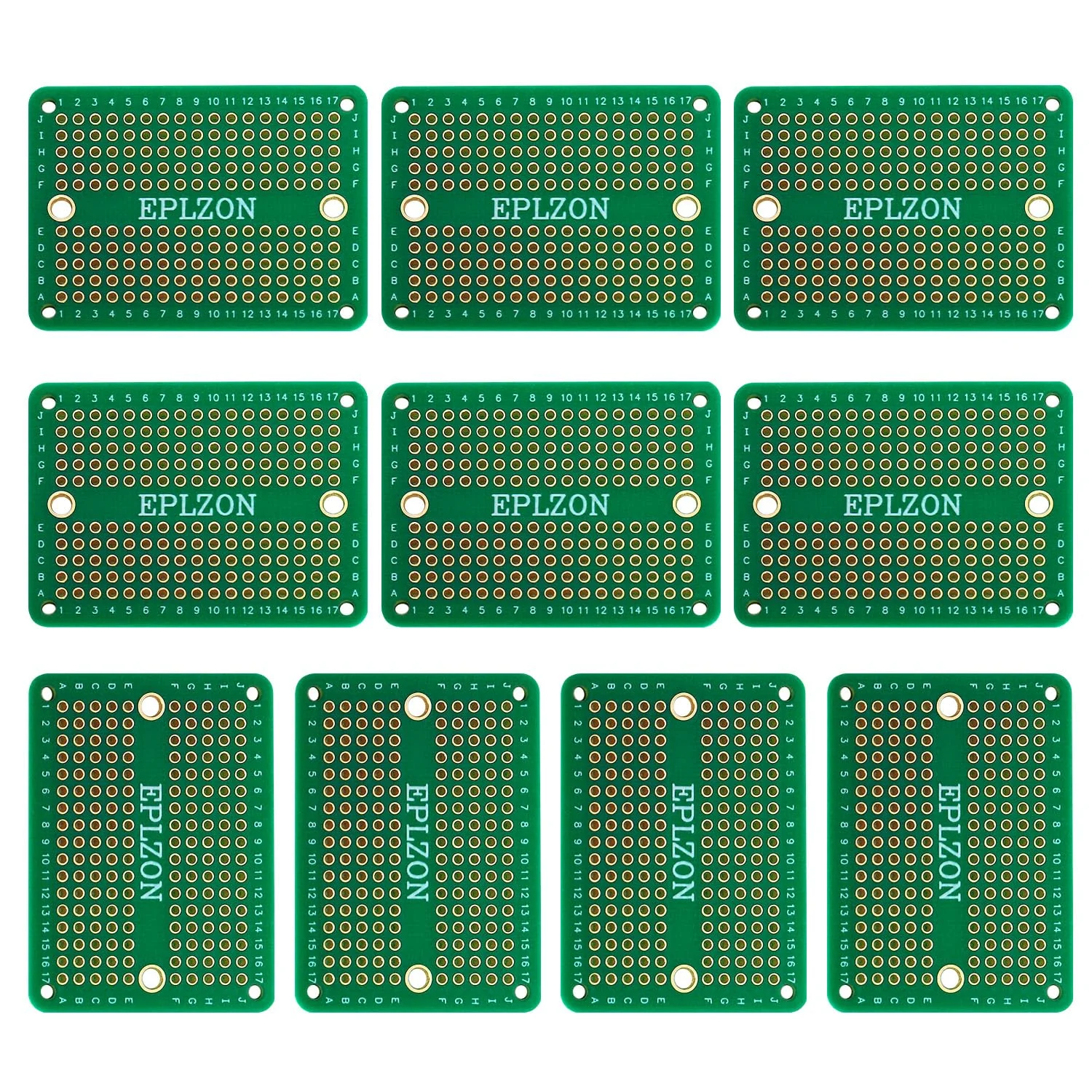 EPLZON Prototype Board Solderable Breadboard Double-Sided PCB Circuit Board for Welding, DIY Electronic Items, Green (Pack of 10) 10 Pieces, Green