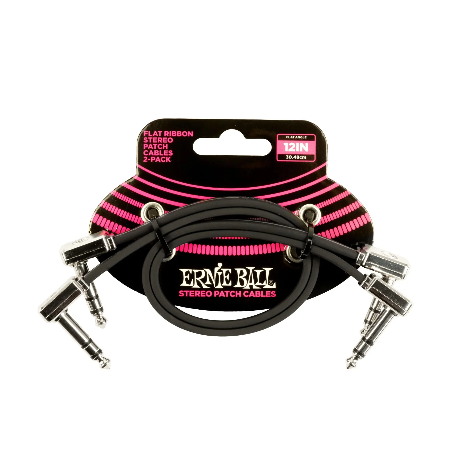 Ernie Ball Flat Ribbon Stereo Patch Cable 2-Pack, 12in Black (P06405) 12 inch