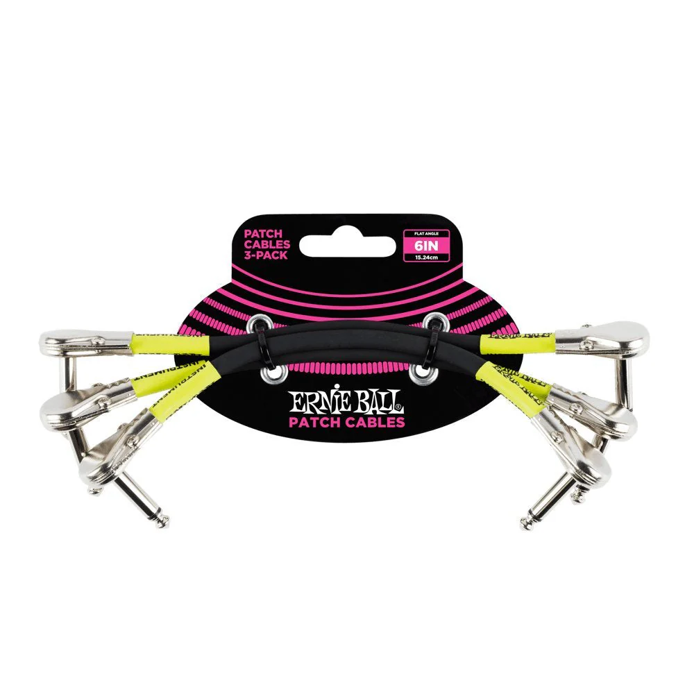 Ernie Ball Patch Cable 3-Pack, Flat Angle/Flat Angle, 6in, Black (P06059) 6 inch