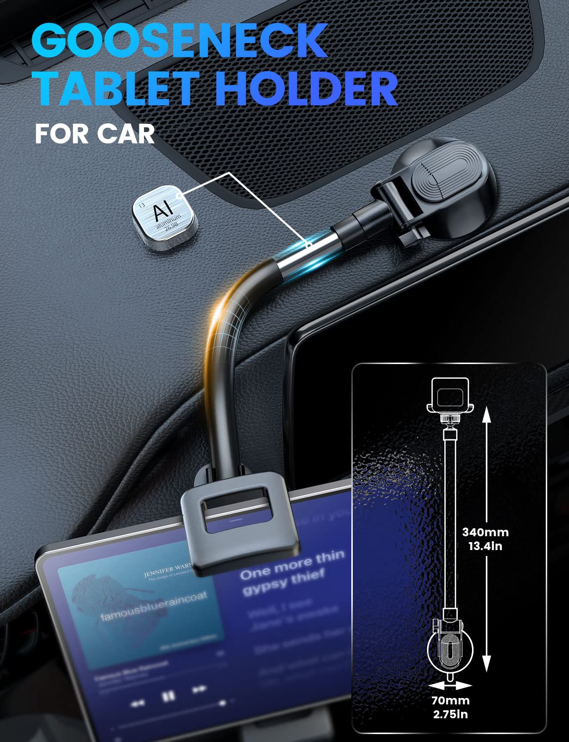 eSamcore Tablet Holder for car, 1.57" Extra Deep Clamp iPad Holder for Car Dashboard Gooseneck iPad Car Mount Car Tablet Holder Windshield Suction Cup Mount for 6"-11" Tablet Tablet Holder For Car Dashboard - Image 6