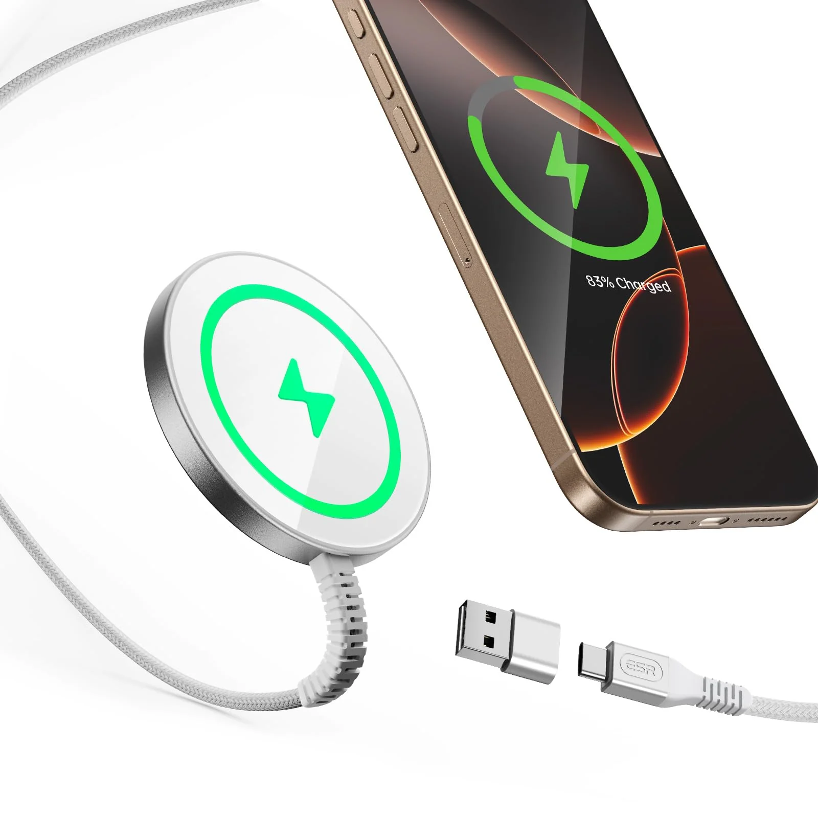 ESR for MagSafe Charger 15W Wireless Charger for iPhone 16 Pro Max/16 Pro/16/16 Plus/15/14/13/12 Apple Magnetic Charging Pad for AirPods 4/3/Pro/Pro 2 with Dual USB A/C Ports, Silver 1 PACK
