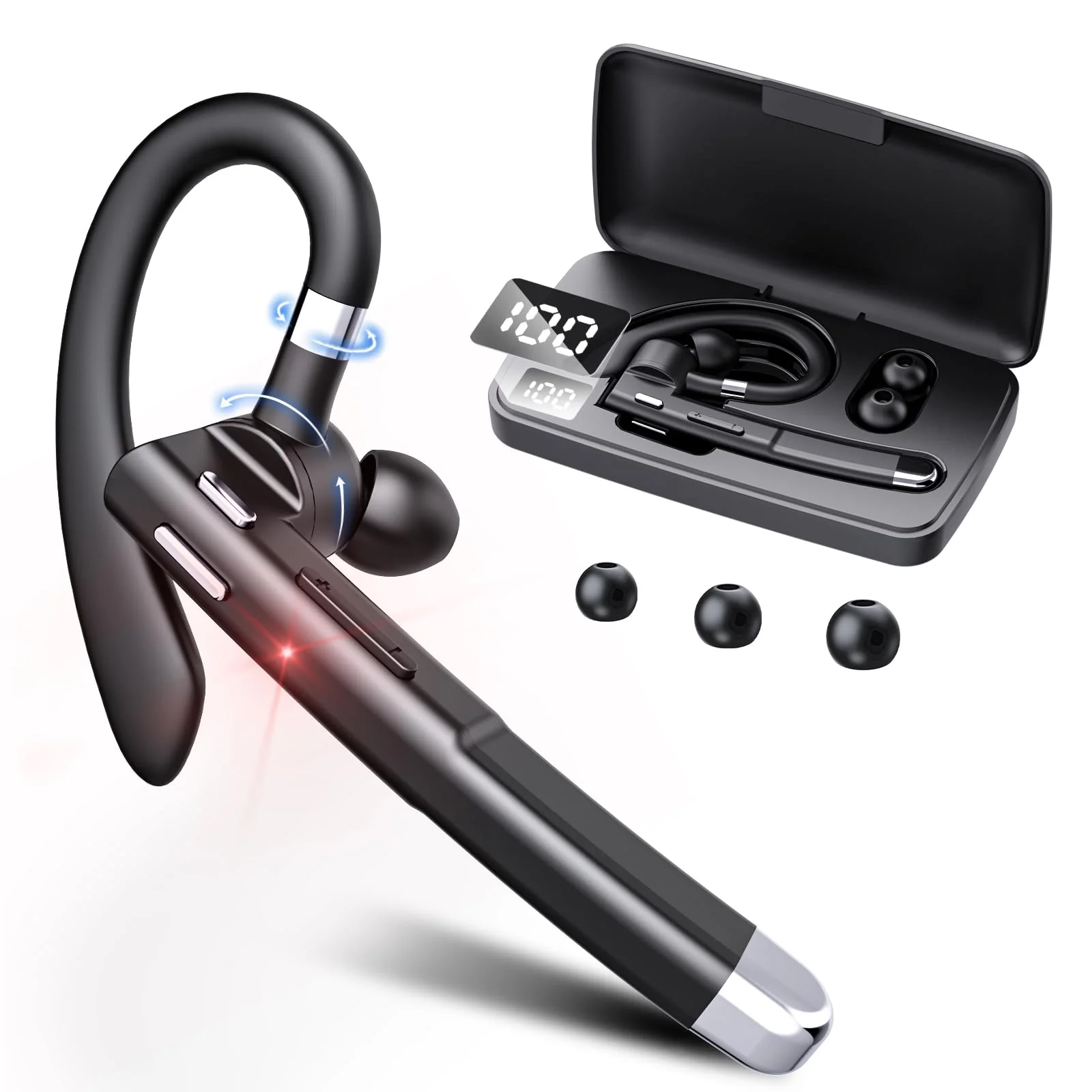 EUQQ Bluetooth Headset - Wireless Bluetooth Earpiece with Charging Case,120H Playback, Dualable Hands-Free Headphones with Built-in Mic for Work Trucker Office Meeting, Black Elegant Series