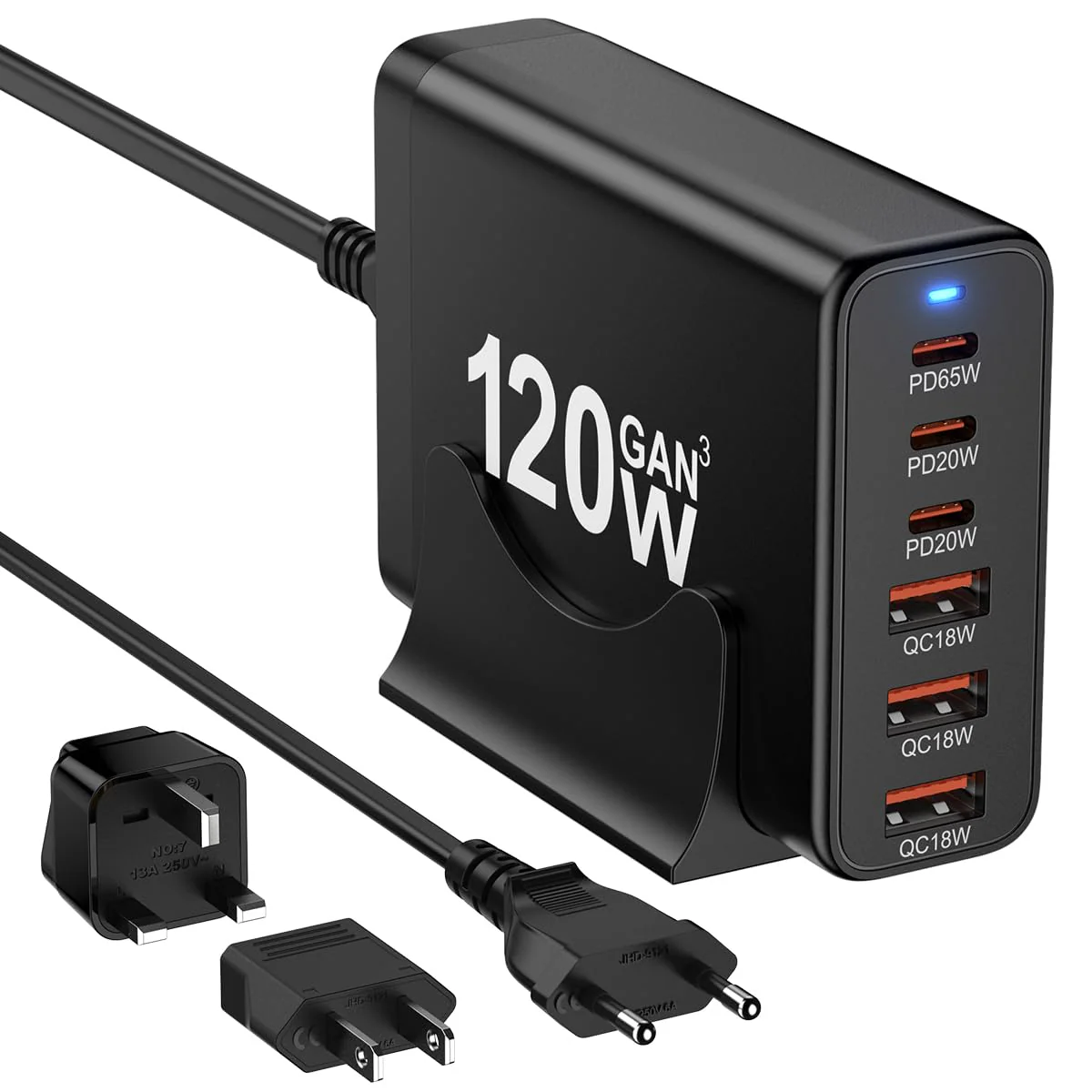 European USB C Charger Station Fast Charging Hub Europe Travel Power Adapter Multiple 6 Multi Port 120W GaN PD QC Block EU UK US Plug for Apple iPhone Samsung Pixel 65W Laptop MacBook Pro Air Surface