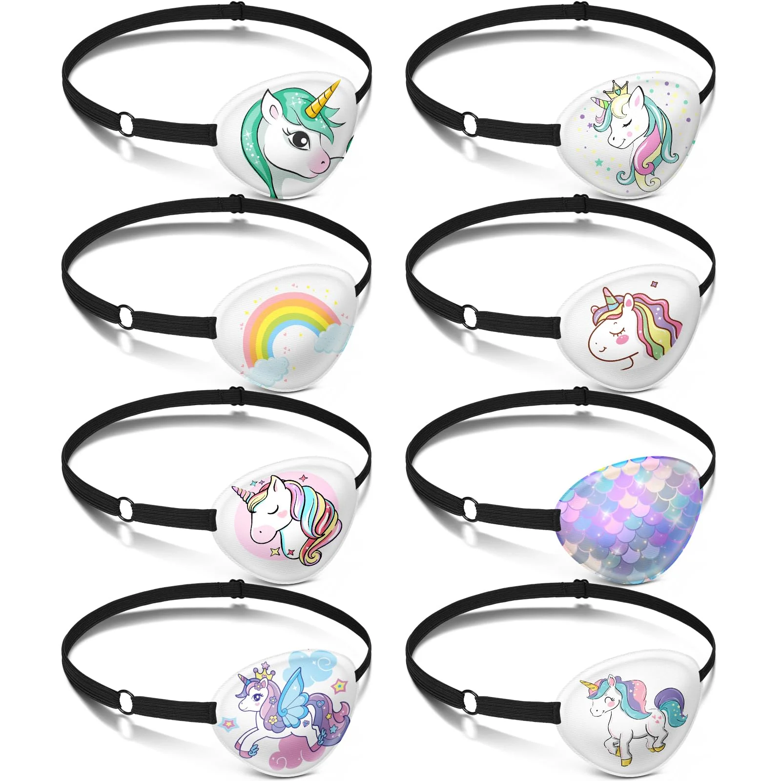 Eurzom 8 Pcs Eye Patches for Kids Adjustable Single Eye Patch Reusable Cute Girls Boys Eye Patch with Elastic Strap for Lazy Eye Either Eye Left or Right Eyepatch, Various Patterns (Unicorn Style) Unicorn Style
