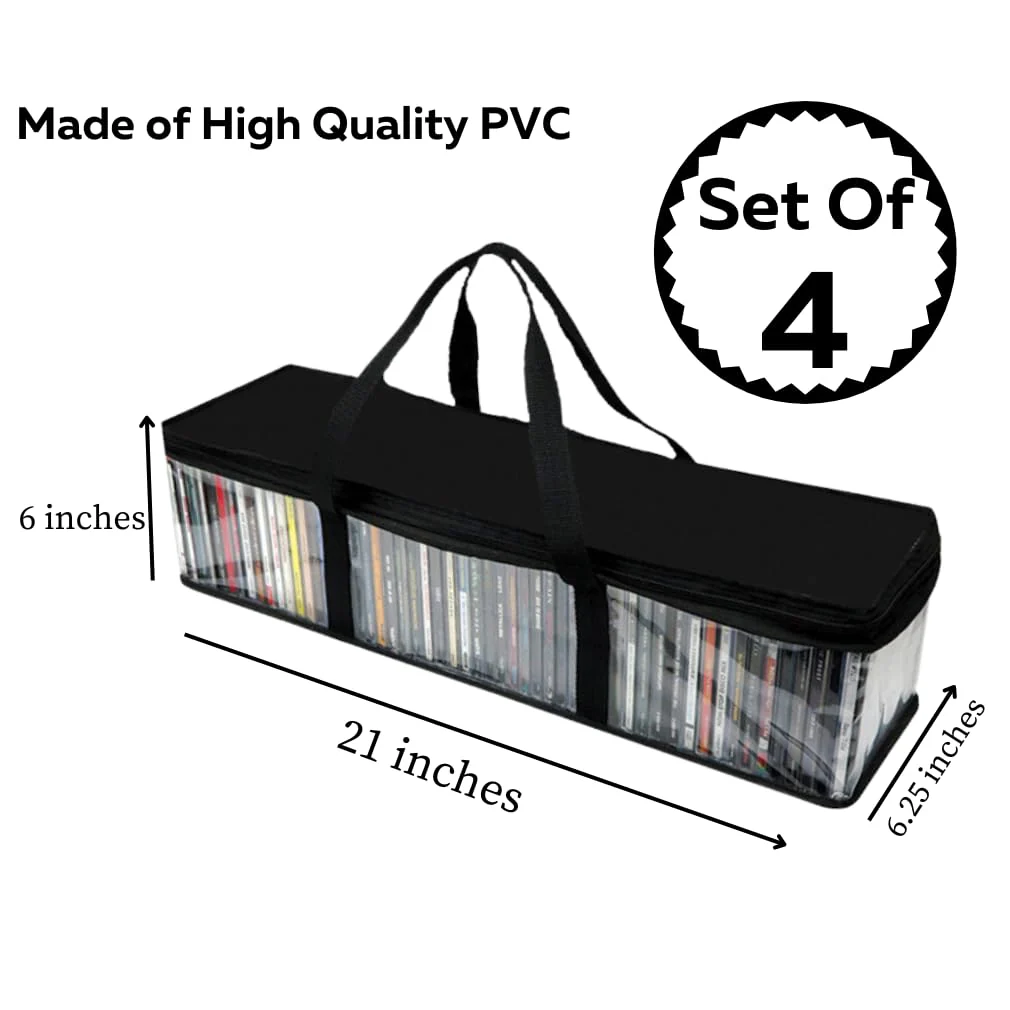 Evelots CD Storage Bags (4 Pack) Clear PVC Plastic Media Carrying Case with Zipper - Holds 400 CDs Total - Strong Handles - Protects CDs, Video Games, Music from Dirt & Moisture Set of 4 Storage Bag - Image 2