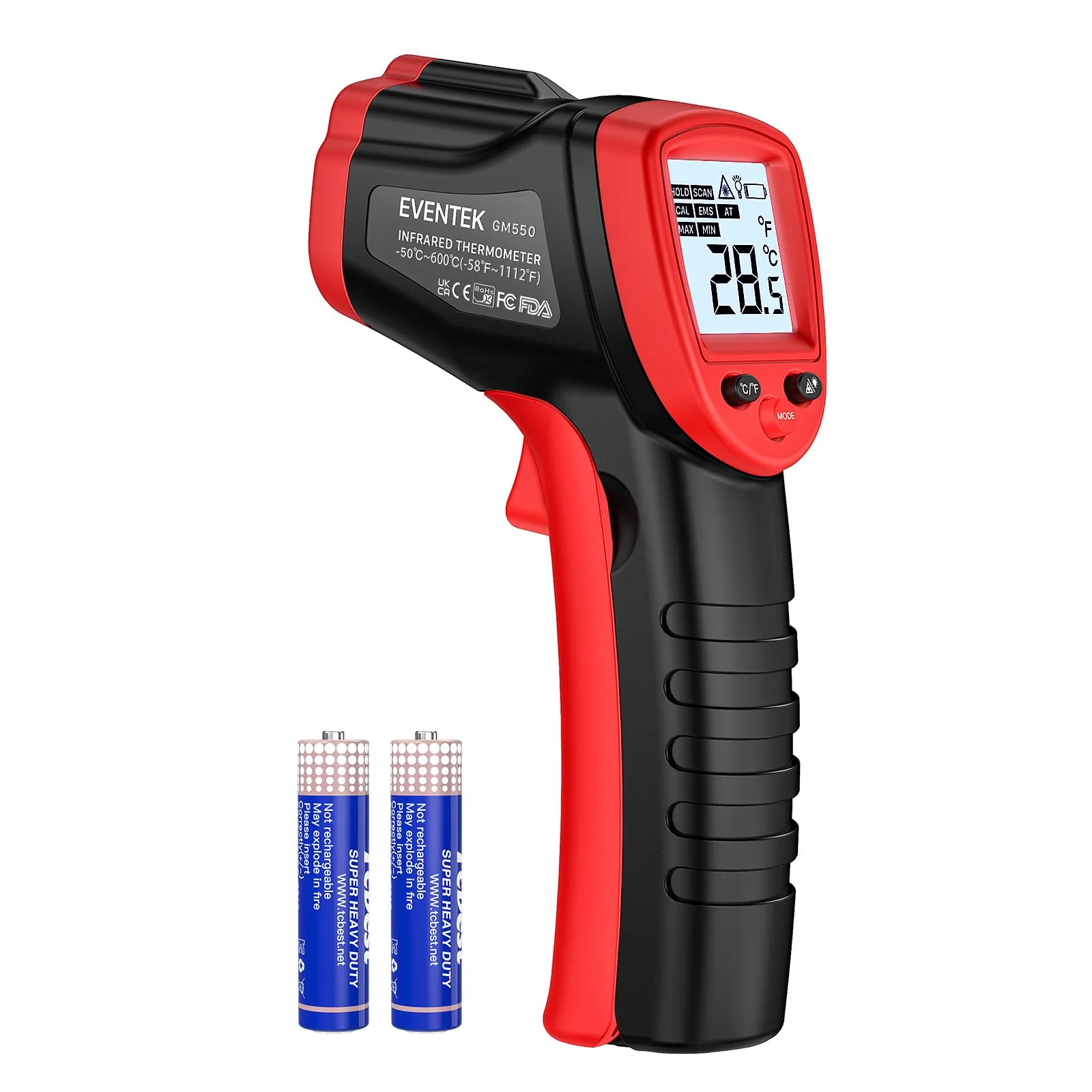 Eventek Infrared Thermometer Gun -50 ° C ~ 600 ° C (-58 ° F ~ 1112 ° F), Non-Contact Laser Thermometer Gun for Cooking, Pizza Oven, Fridge, Temperature Gun with Adjustable Emissivity(NOT for Humans) Red -50°C~600°C (-58℉~1112℉)
