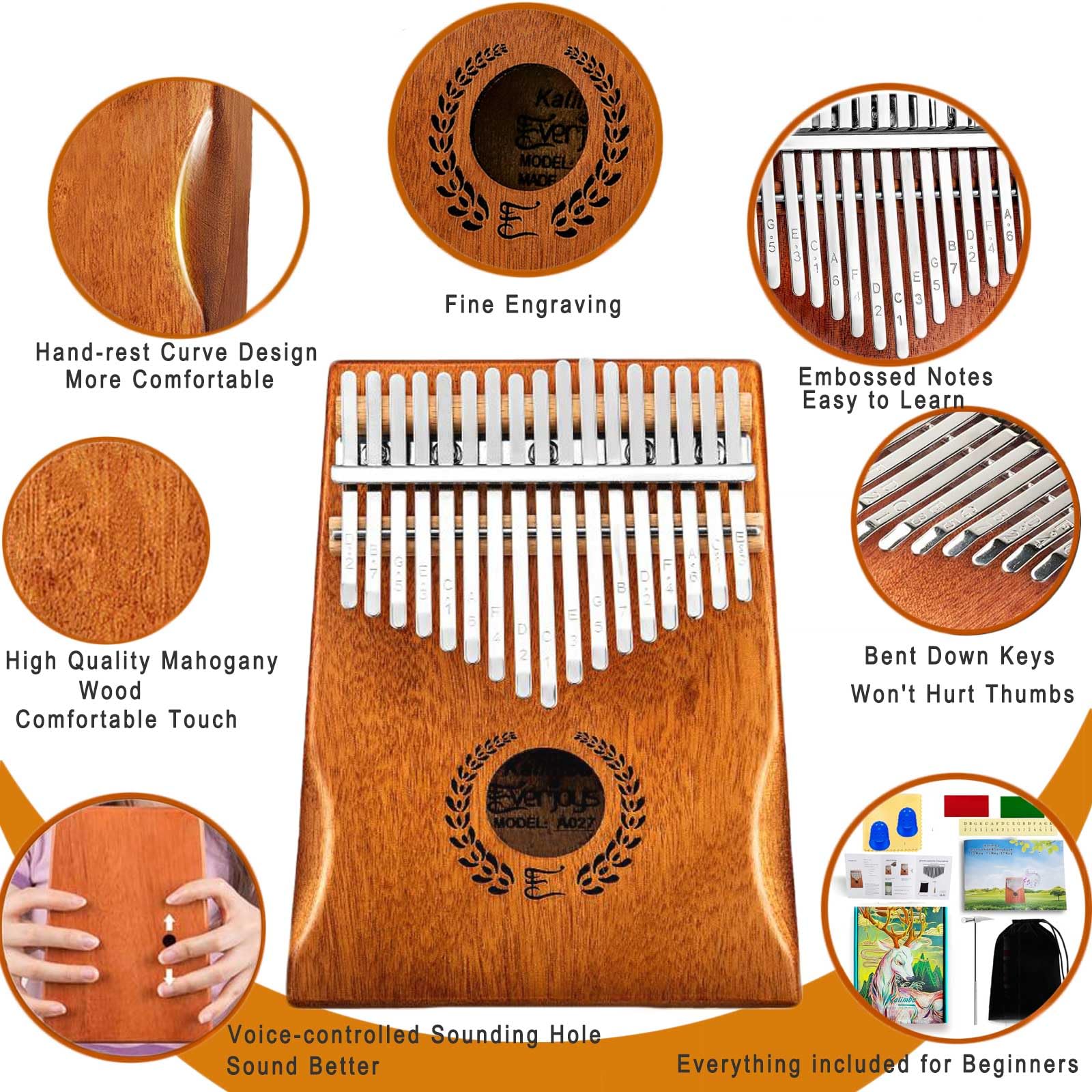 Everjoys Kalimba Thumb Piano 17 Keys, Professional Musical Instrument Finger Piano Marimbas with Portable Soft Cloth Bag, Fast to Learn Songbook, Tuning Hammer, All in One Kit 17 Key Natural - Image 2