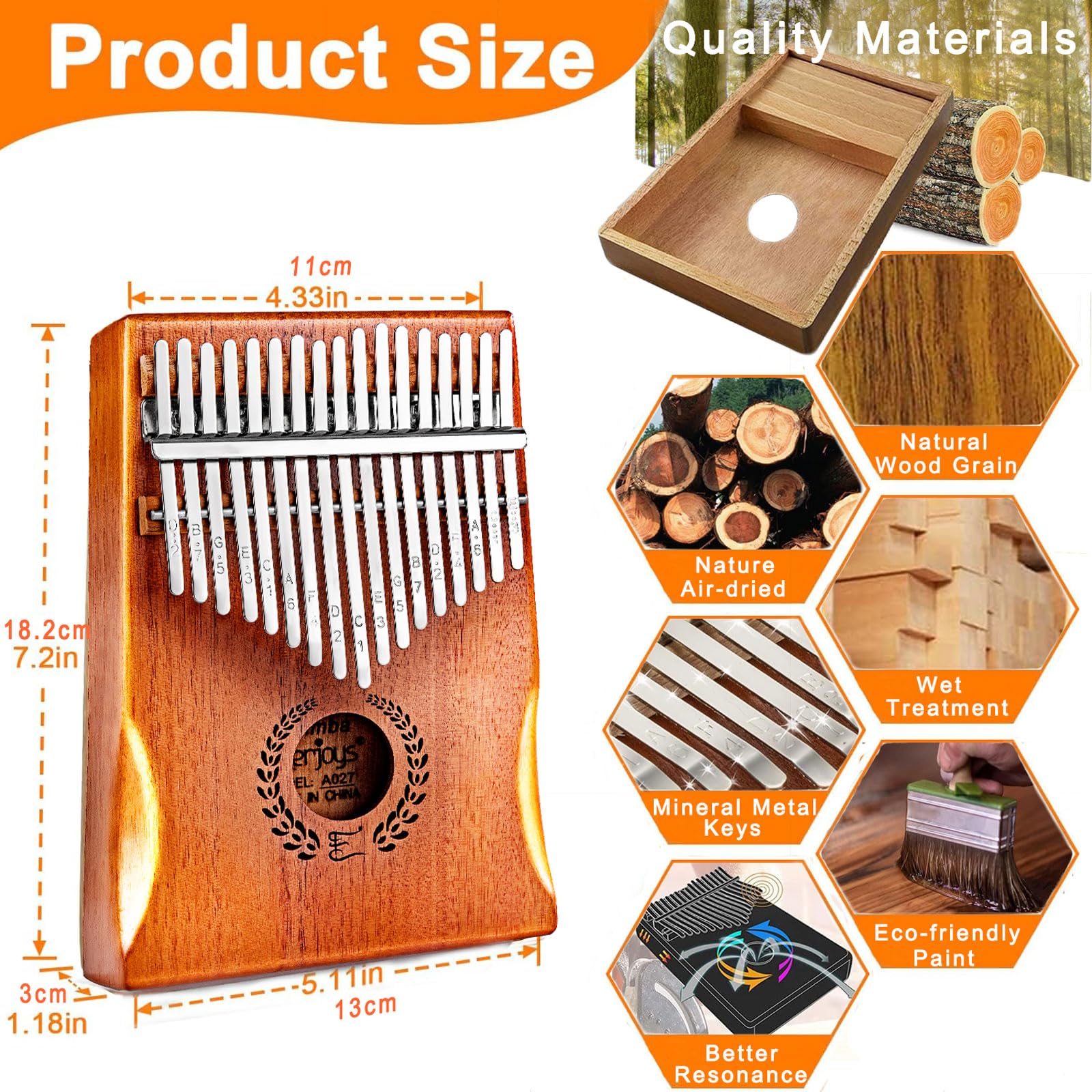Everjoys Kalimba Thumb Piano 17 Keys, Professional Musical Instrument Finger Piano Marimbas with Portable Soft Cloth Bag, Fast to Learn Songbook, Tuning Hammer, All in One Kit 17 Key Natural - Image 5