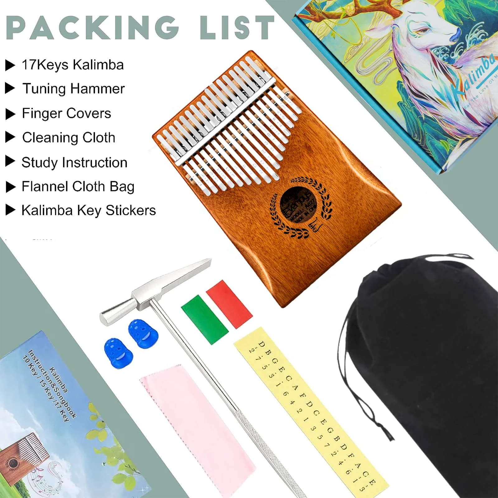 Everjoys Kalimba Thumb Piano 17 Keys, Professional Musical Instrument Finger Piano Marimbas with Portable Soft Cloth Bag, Fast to Learn Songbook, Tuning Hammer, All in One Kit 17 Key Natural - Image 6
