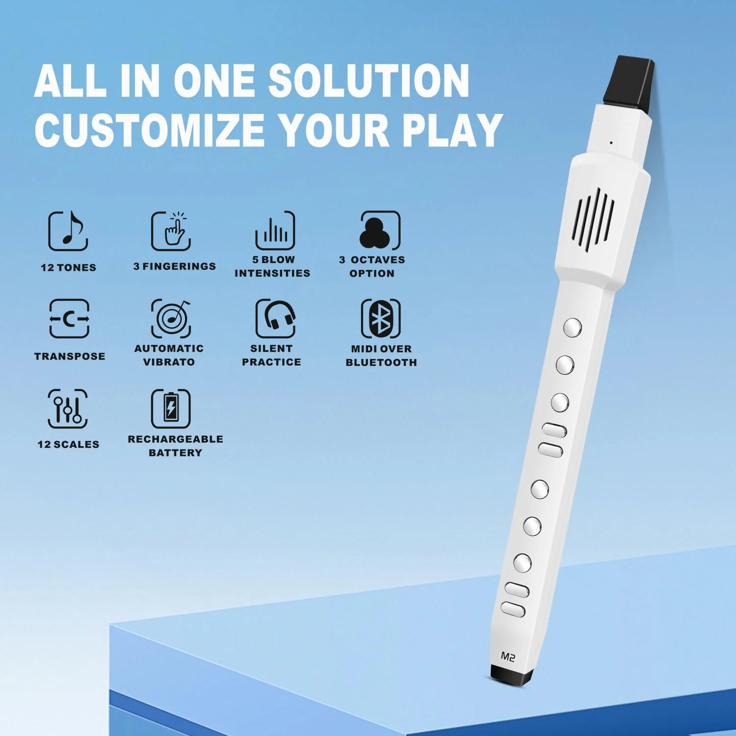 EX Electric Digital Wind Instrument, Electric Saxophone, with 12 Tones, 3 Fingering Modes, 3-Octave Range, Auto Vibrato & Transpose, Bluetooth MIDI & Rechargeable, White - Image 3