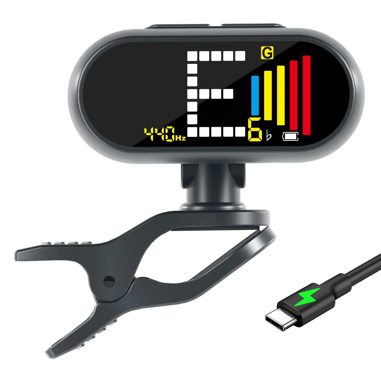 EX Professional Rechargeable Clip-On Guitar Tuner with LCD Screen - Chromatic Clip on Tuner for Acoustic Guitar, Bass Guitar, Ukulele, Violin & Chromatic Gray