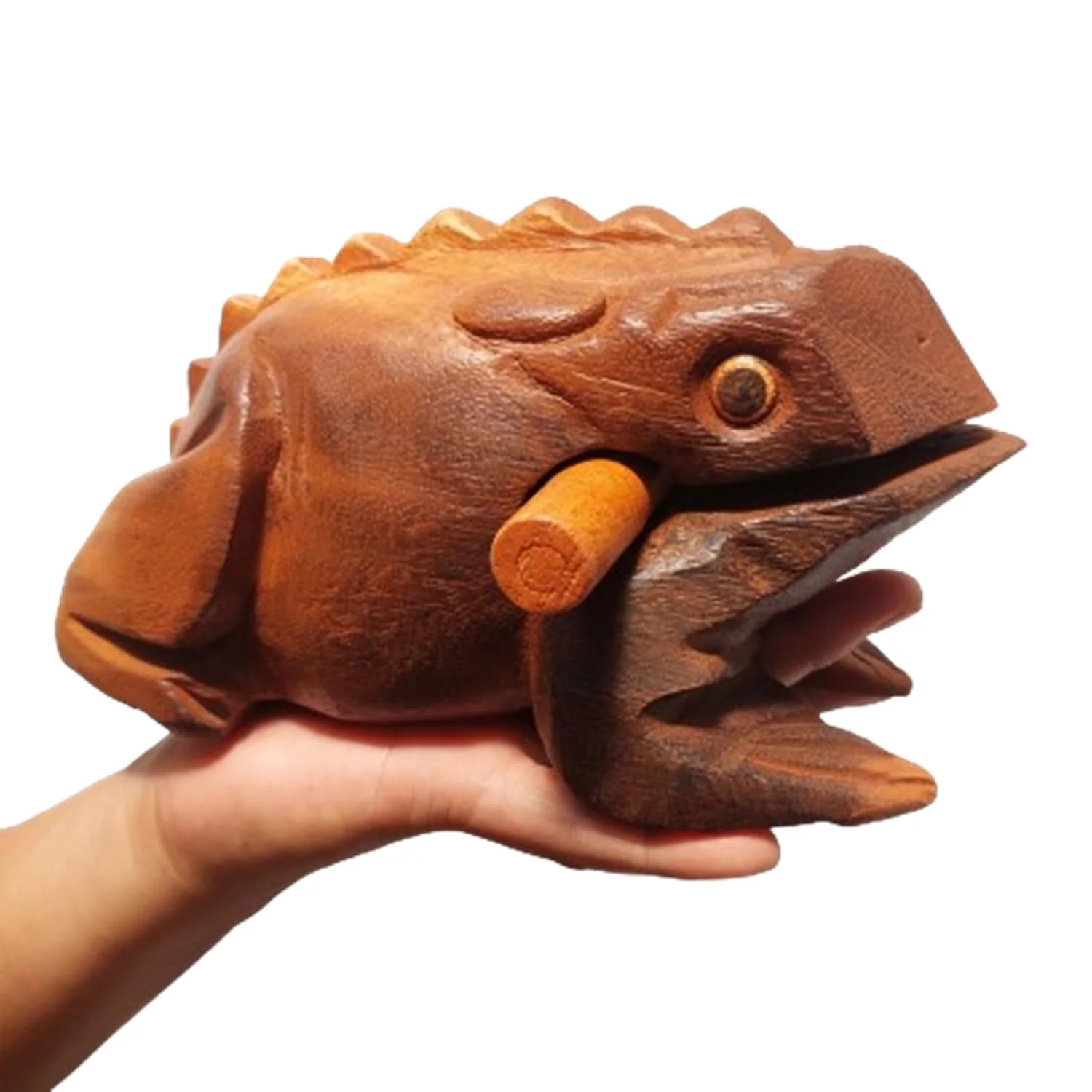 Extra Large 9" Wood Frog Guiro Rasp Percussion Instrument Tone Block Wooden Good Luck Frog Animal Shaped Figurine Handcraft Musical Instruments from Thailand Home Office Decoration (Tan) Tan