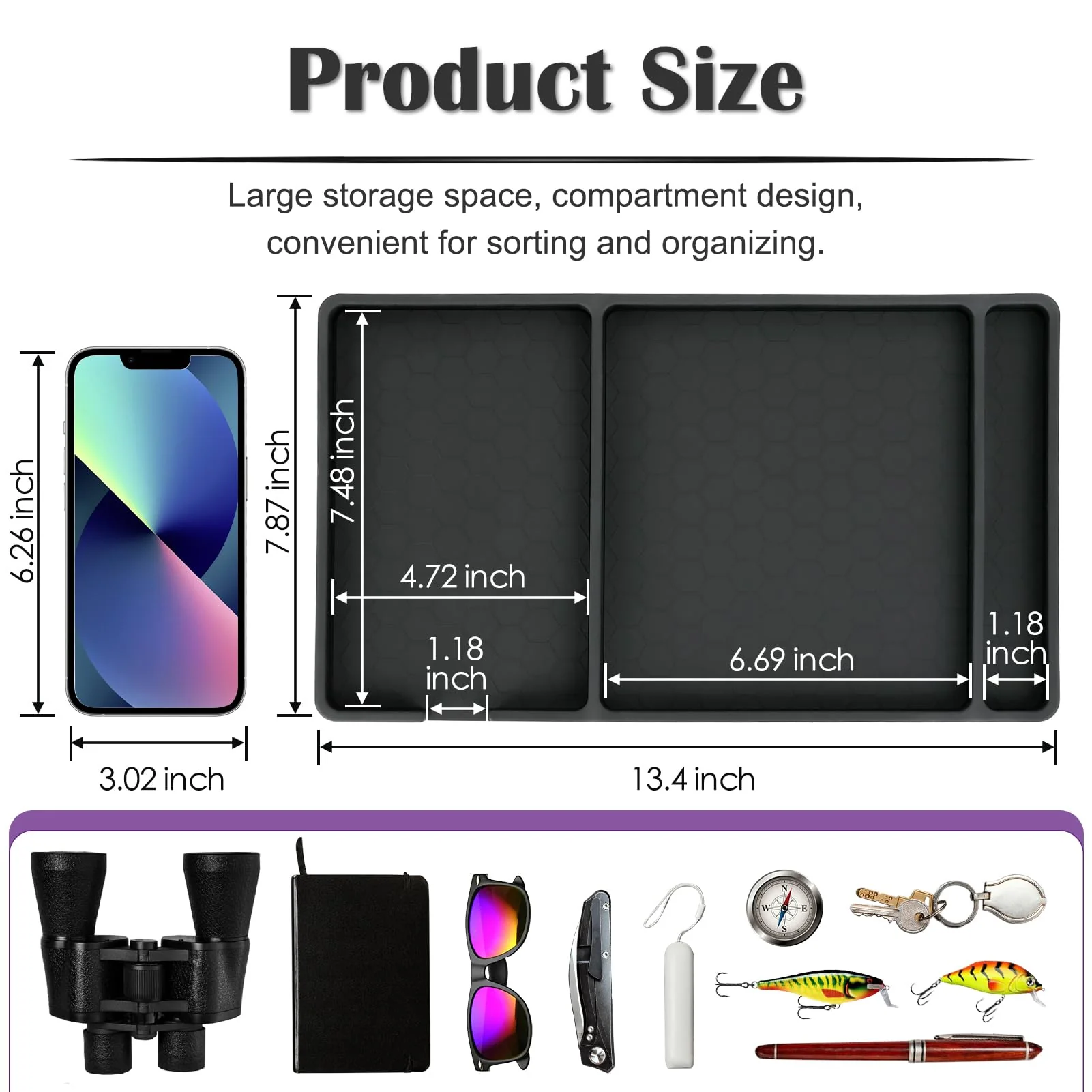 Extra Large Dashboard Mat for Car, 13.4" X 7.8" Rubber Anti-Slip Dash Pad Accessories, Compatible with All Smartphone, Separate Compartments Organizer for Cell Phone, Keychains, with Non Marking Tape - Image 2