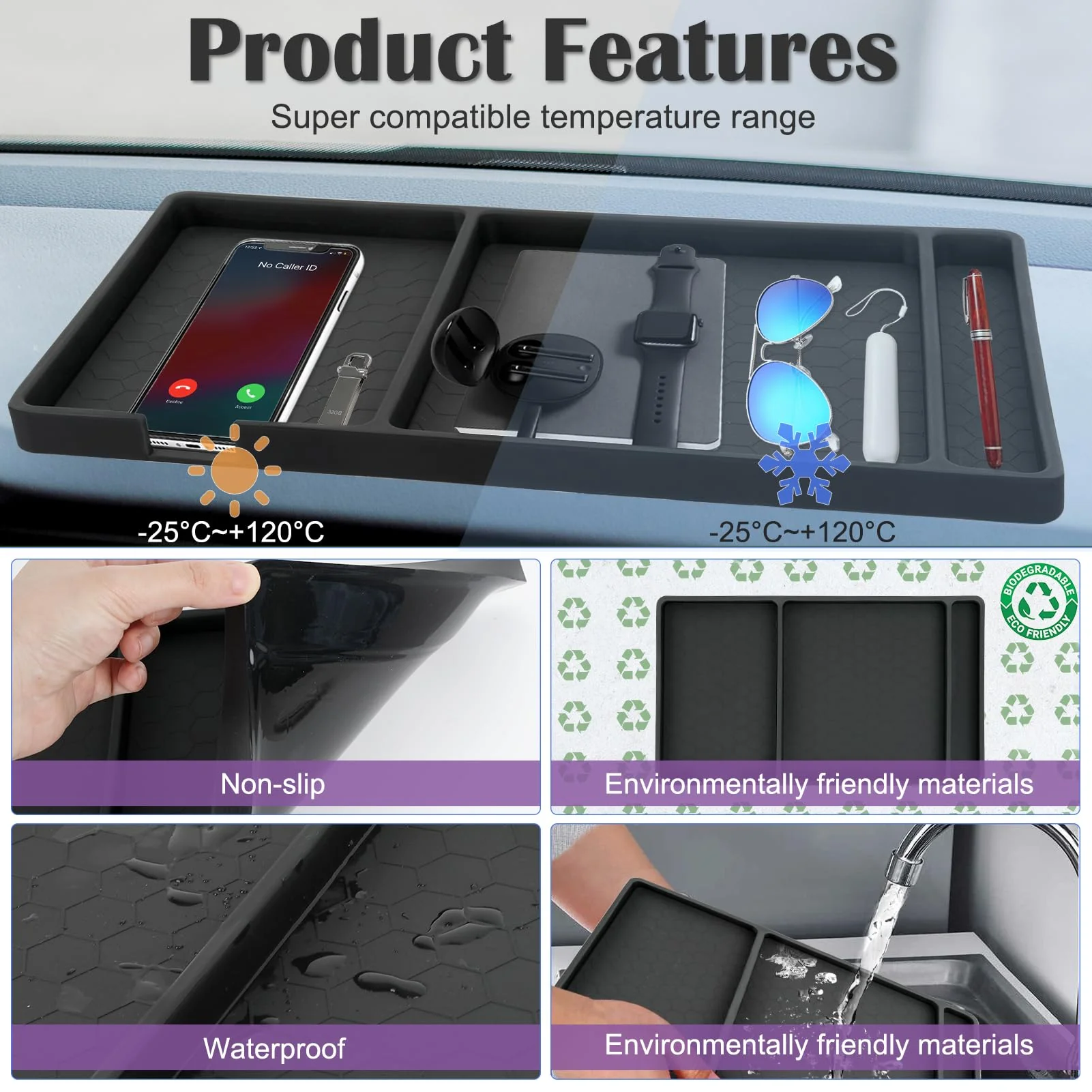 Extra Large Dashboard Mat for Car, 13.4" X 7.8" Rubber Anti-Slip Dash Pad Accessories, Compatible with All Smartphone, Separate Compartments Organizer for Cell Phone, Keychains, with Non Marking Tape - Image 4