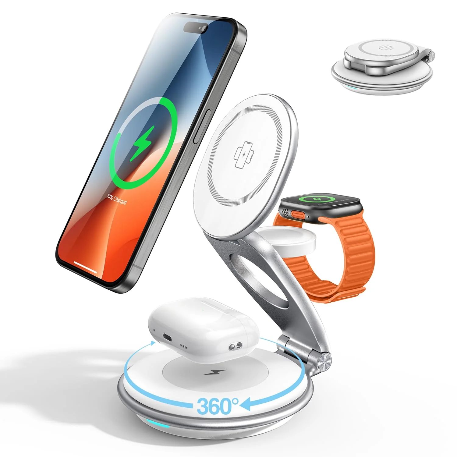 EXW Wireless Charging Station for Magsfe Charger,3 in 1 Wireless Charger for Magsafe Charging Station,Foldable Charger for iPhone 16/15/14/13/12 Series for Apple Watch & AirPod(30W Charger Included) White