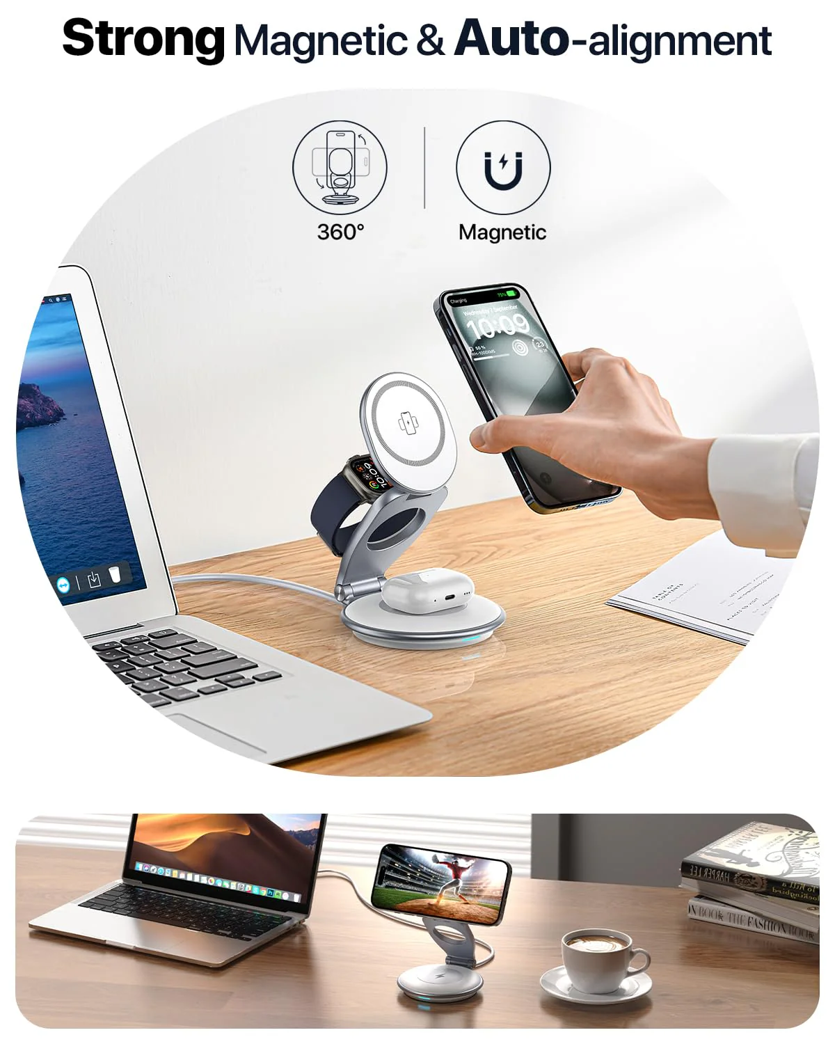 EXW Wireless Charging Station for Magsfe Charger,3 in 1 Wireless Charger for Magsafe Charging Station,Foldable Charger for iPhone 16/15/14/13/12 Series for Apple Watch & AirPod(30W Charger Included) White - Image 5