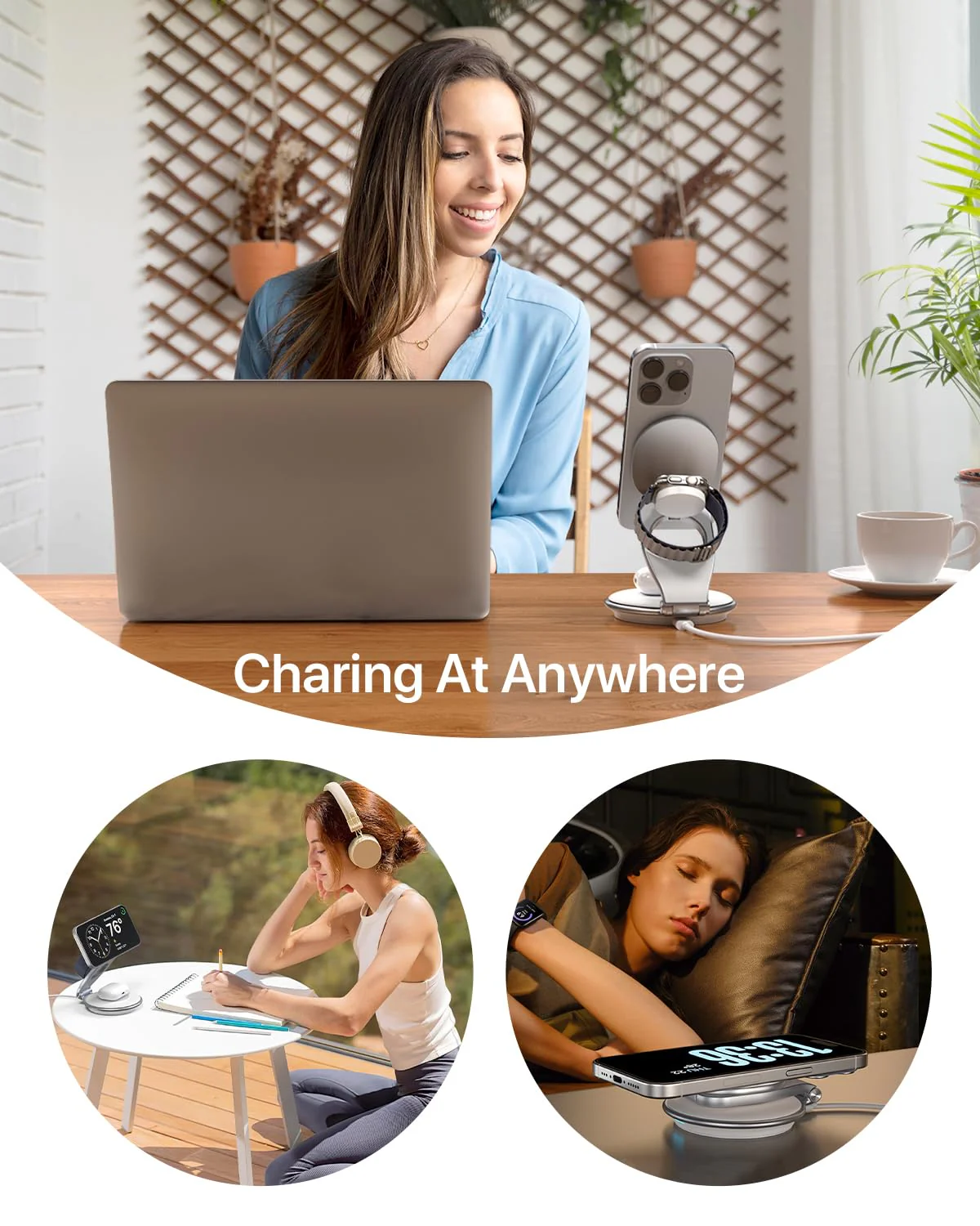 EXW Wireless Charging Station for Magsfe Charger,3 in 1 Wireless Charger for Magsafe Charging Station,Foldable Charger for iPhone 16/15/14/13/12 Series for Apple Watch & AirPod(30W Charger Included) White - Image 6
