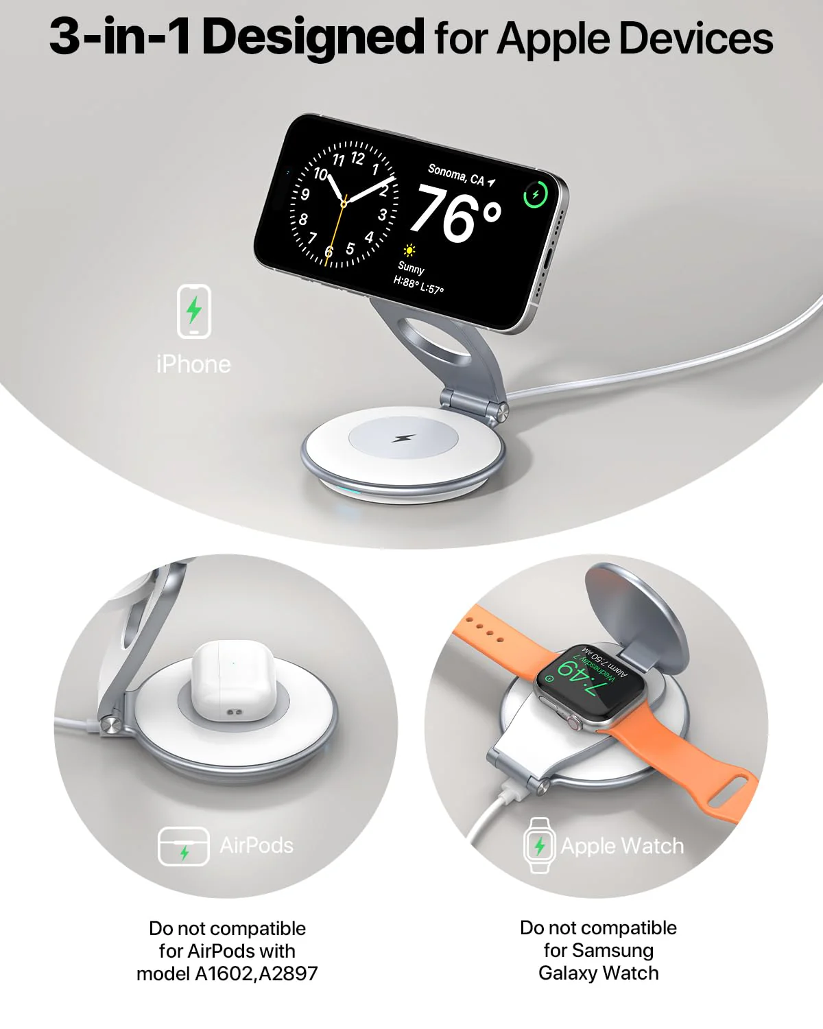 EXW Wireless Charging Station for Magsfe Charger,3 in 1 Wireless Charger for Magsafe Charging Station,Foldable Charger for iPhone 16/15/14/13/12 Series for Apple Watch & AirPod(30W Charger Included) White - Image 7