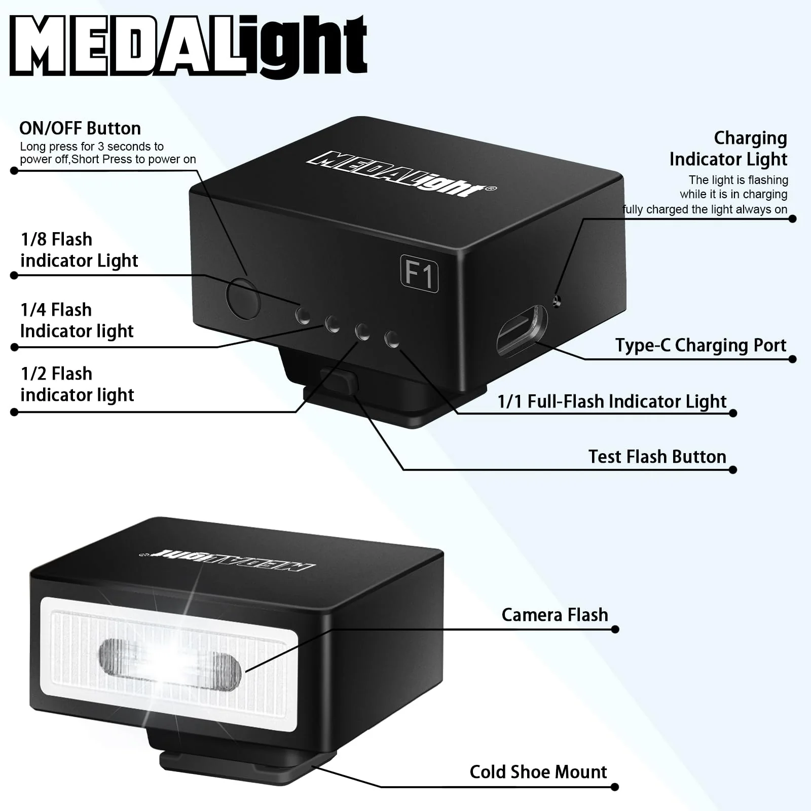 F1 Mini Camera Flash Camera Flash Speedlite for Ricoh (GR3/GR3X,etc.) Nikon/Canon/Fuji,Digital Film Cameras,Mini hot Shoe Flash for DSLR Camera(Not Compatible for Sony ZV-1F. Black - Image 2