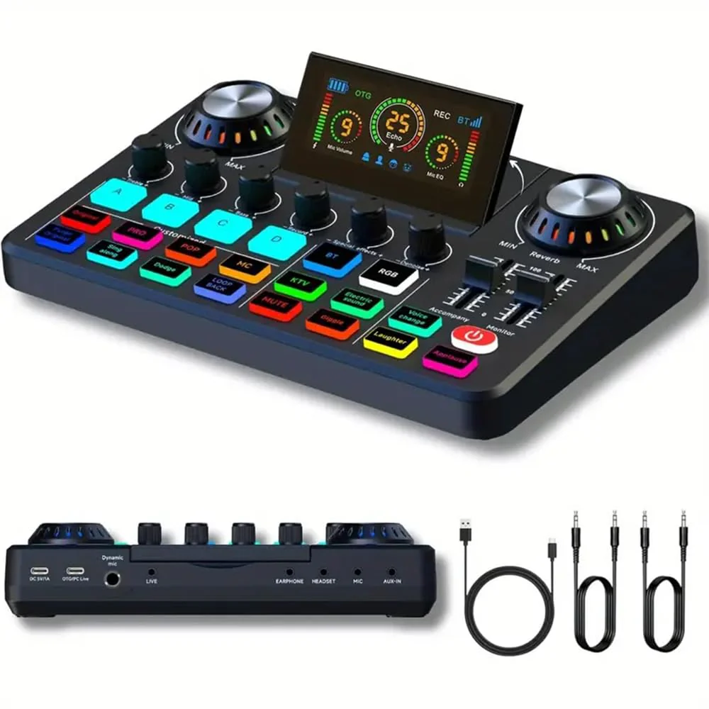 F668 Gaming Audio Mixer OTG HD Folding Screen Console PC Digital Sound Card for Streaming Podcasting Switcher, Computer Recording, Game Voice, Live Sound Card