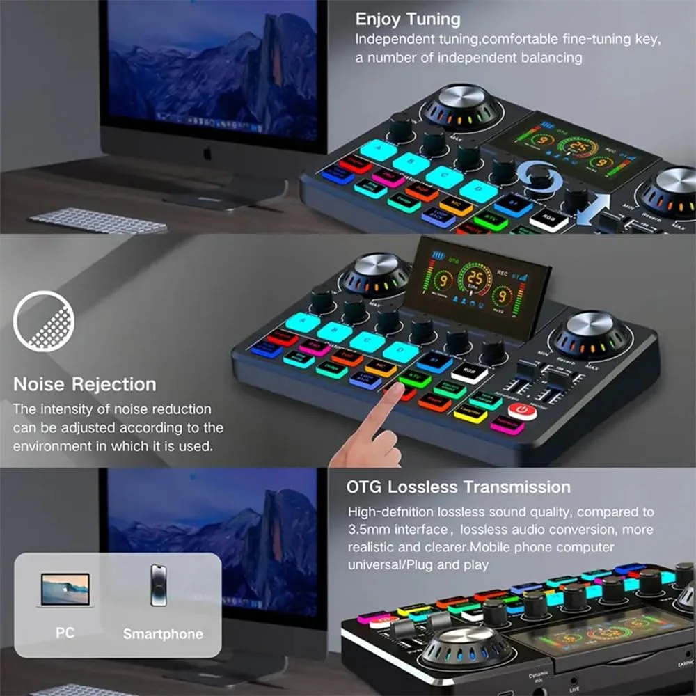 F668 Gaming Audio Mixer OTG HD Folding Screen Console PC Digital Sound Card for Streaming Podcasting Switcher, Computer Recording, Game Voice, Live Sound Card - Image 2