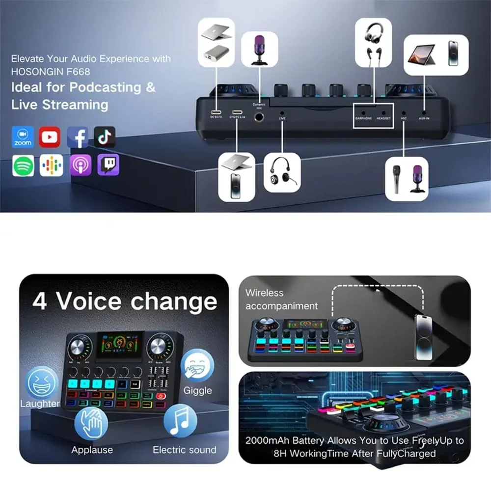 F668 Gaming Audio Mixer OTG HD Folding Screen Console PC Digital Sound Card for Streaming Podcasting Switcher, Computer Recording, Game Voice, Live Sound Card - Image 3
