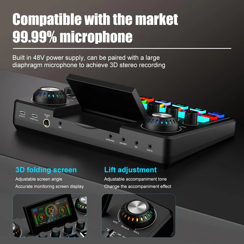 F668 Gaming Audio Mixer OTG HD Folding Screen Console PC Digital Sound Card for Streaming Podcasting Switcher, Computer Recording, Game Voice, Live Sound Card - Image 6