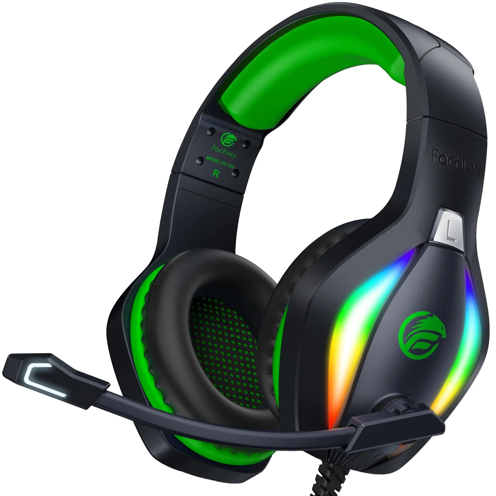 Fachixy「2024 NEW」FC100 Gaming Headset with Microphone for PS4/PS5/PC/Nintendo Switch, Xbox One Headset with RGB Light, Computer Gamer Headset with Mic Green One Size