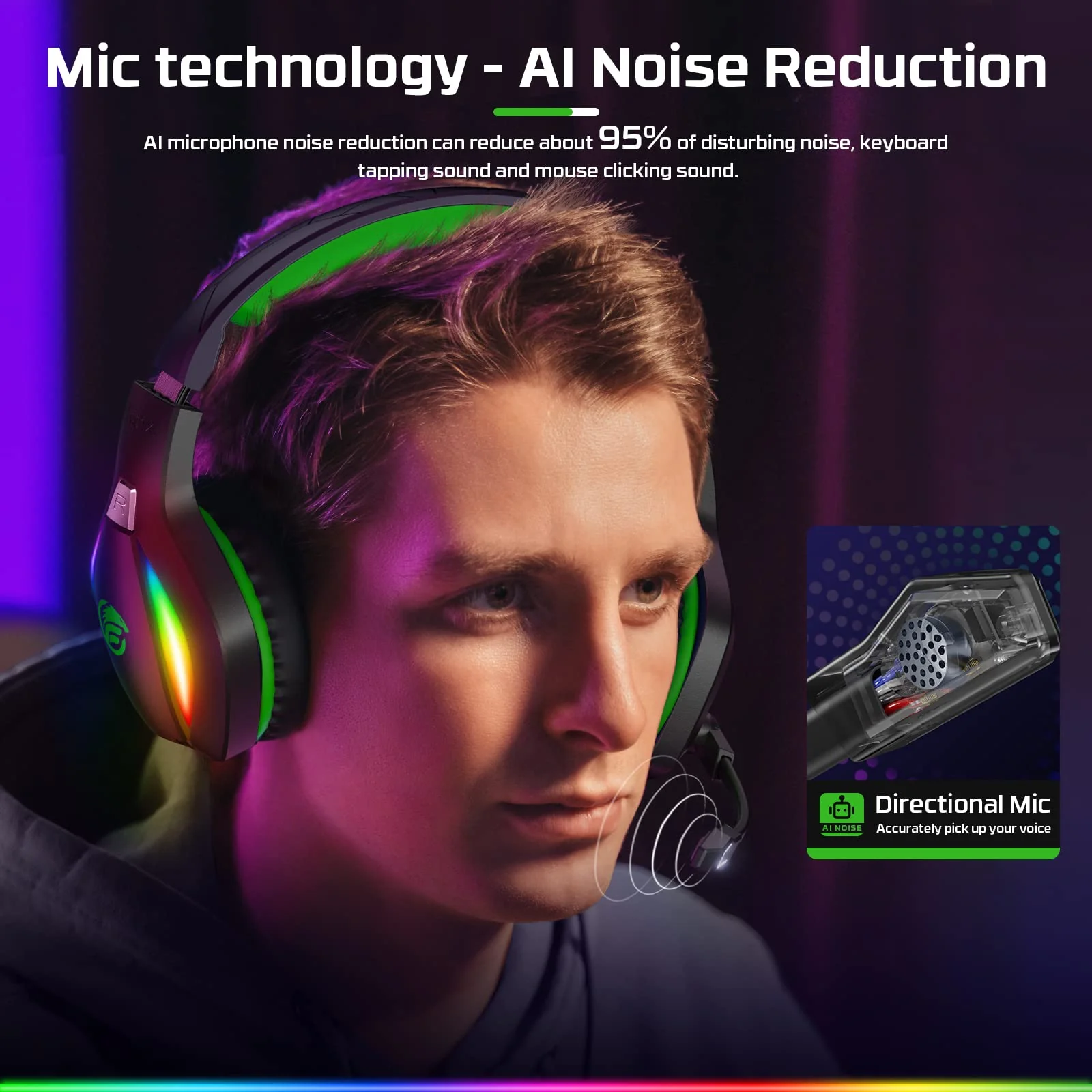Fachixy「2024 NEW」FC100 Gaming Headset with Microphone for PS4/PS5/PC/Nintendo Switch, Xbox One Headset with RGB Light, Computer Gamer Headset with Mic Green One Size - Image 3