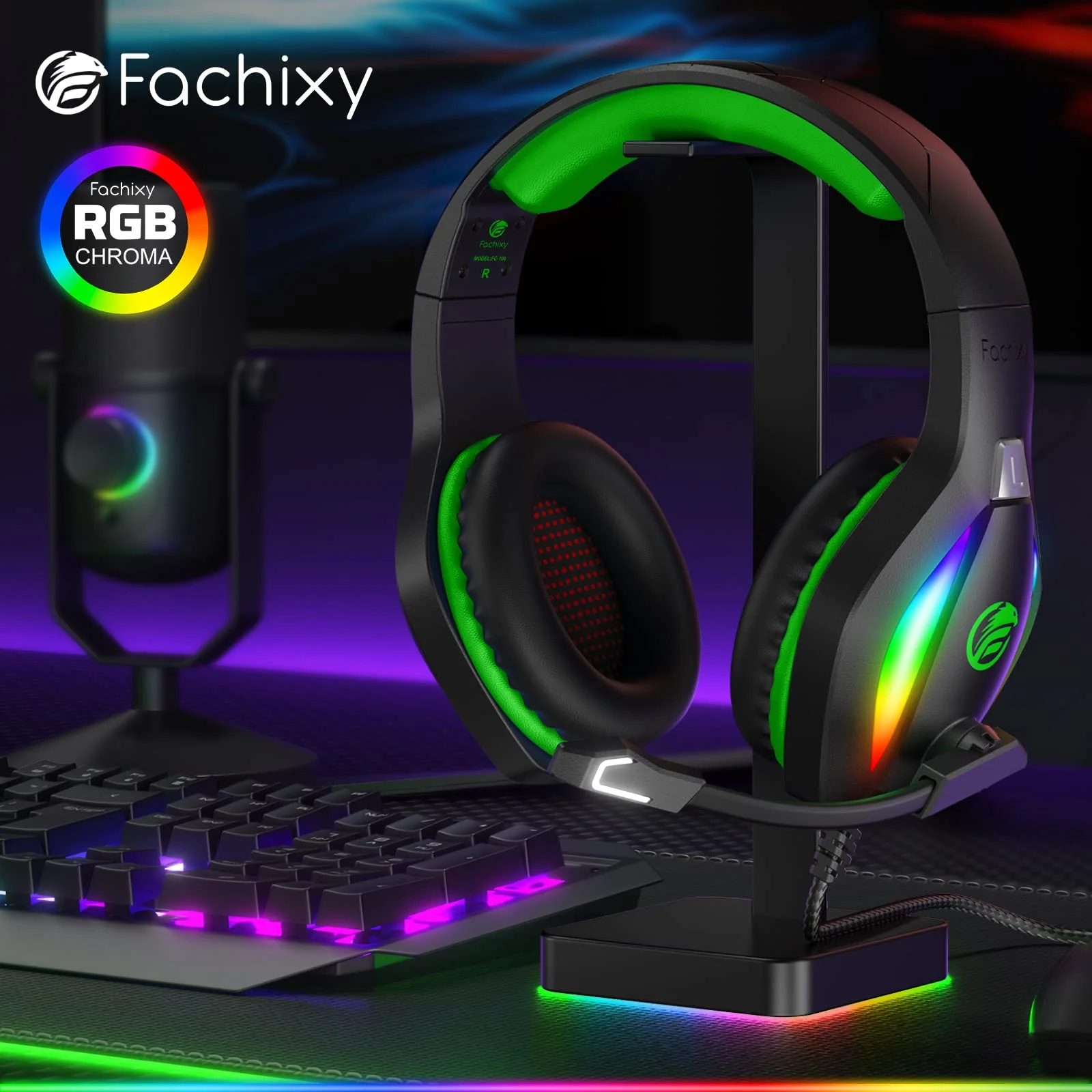 Fachixy「2024 NEW」FC100 Gaming Headset with Microphone for PS4/PS5/PC/Nintendo Switch, Xbox One Headset with RGB Light, Computer Gamer Headset with Mic Green One Size - Image 7