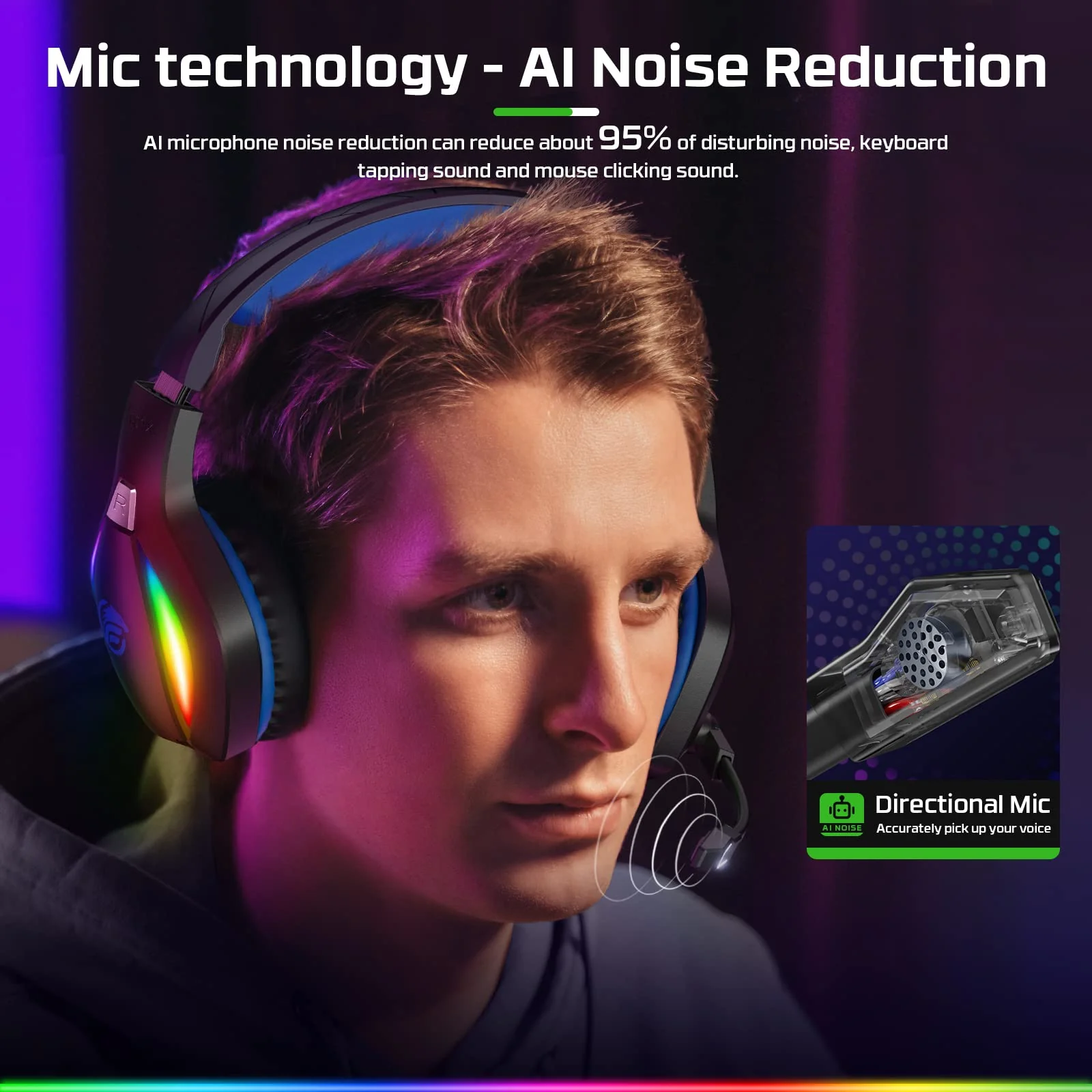 Fachixy「2024 New」FC100 Gaming Headset with Microphone for PS4/PS5/PC/Xbox/Nintendo Switch, Xbox One Headset with RGB Light, Computer Headset with Mic Blue One Size - Image 3
