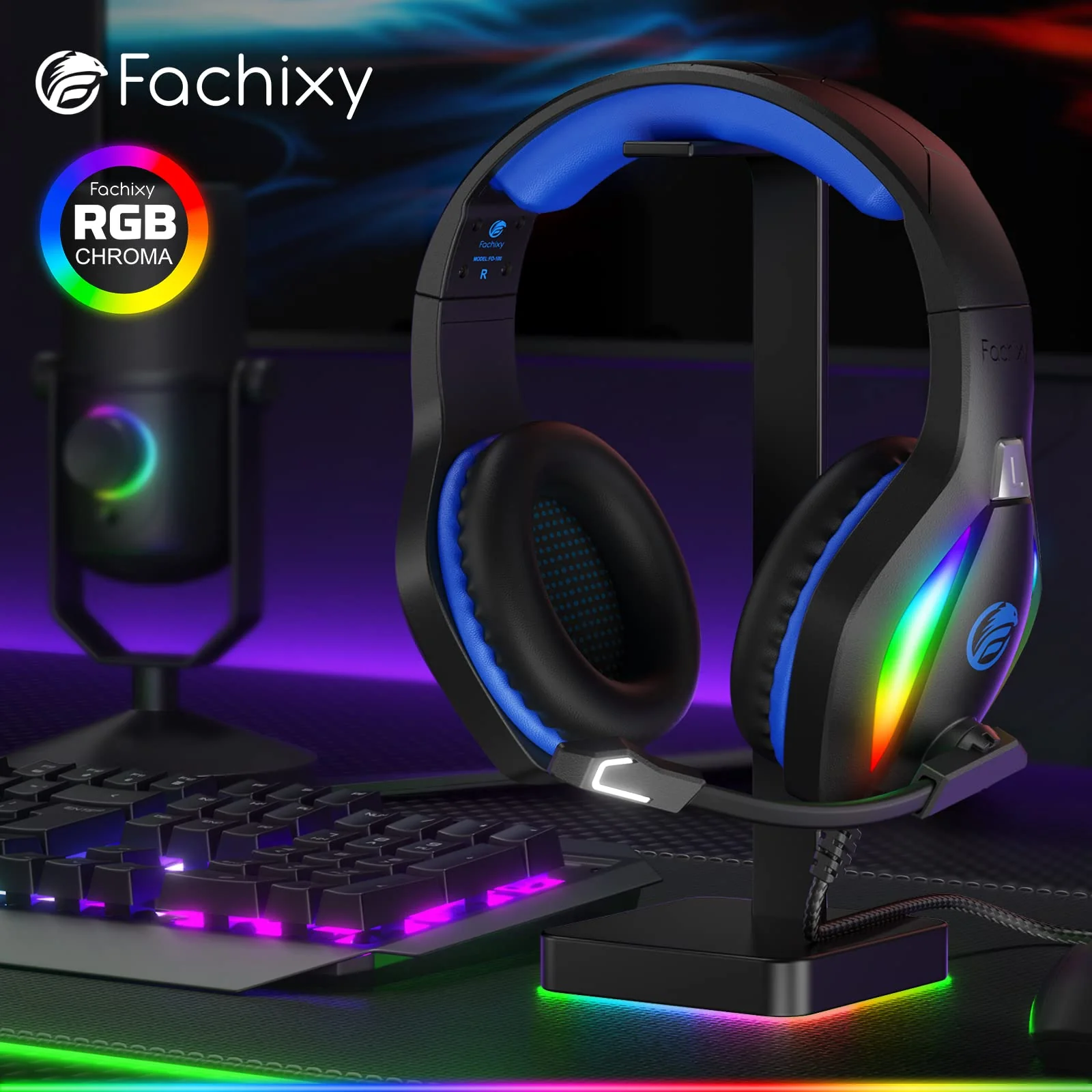 Fachixy「2024 New」FC100 Gaming Headset with Microphone for PS4/PS5/PC/Xbox/Nintendo Switch, Xbox One Headset with RGB Light, Computer Headset with Mic Blue One Size - Image 7