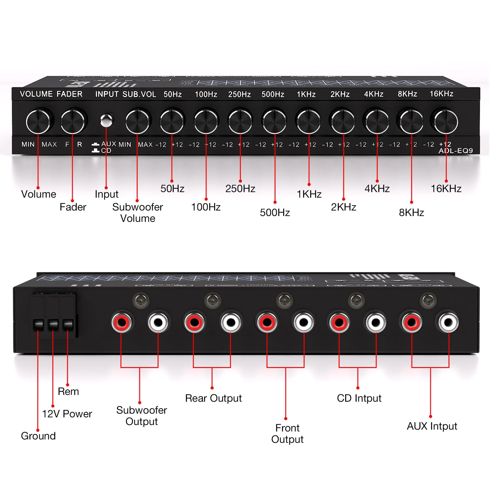 Facmogu 9-Band Car Audio Equalizer, Car Graphic Equalizer EQ W/Front, Rear + Sub Output, 8V RMS Line Driver, Adjustable Audio Output for Car, Boat, W/CD/AUX Input Select & White Light Illumination - Image 3