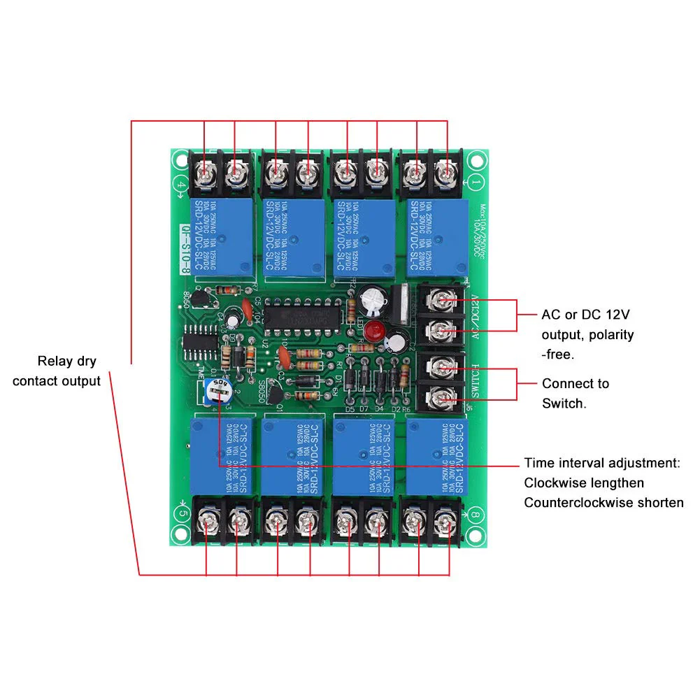 Fafeicy Multifunction Relay, 8 Channels Power Time Sequence Board 12V DC/AC, Adjustable Sequential Controller Module-0.2-4.0s, for Audio Equipment, Electronic Components - Image 2