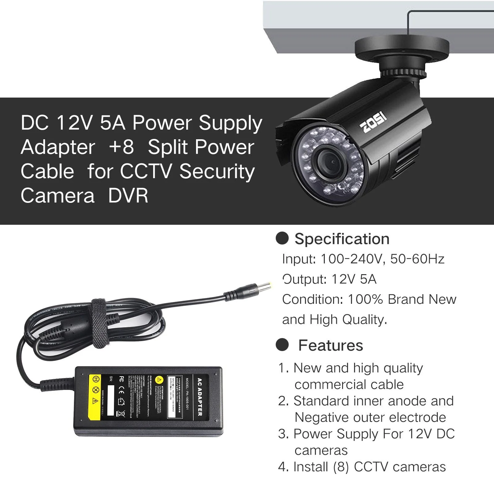 Fancy Buying Security Camera Power Adapter 12V 5A 100V-240V AC to DC 8-Way Power Splitter Cable FCC Certified LED Power Adapter Transformers-Fits Analog/AHD DVR/Camera, RGB LED Strip Lights - Image 5