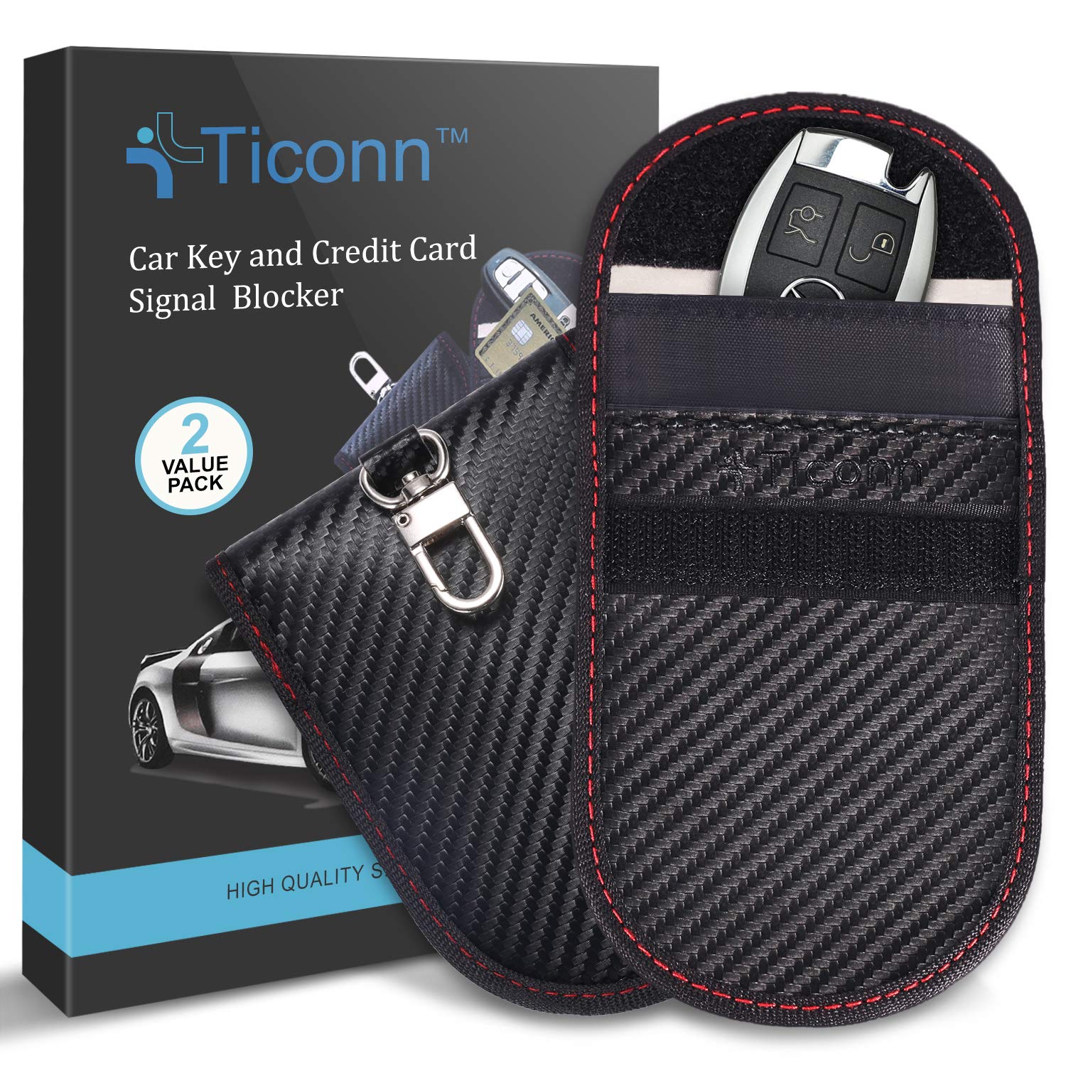 Faraday Bag for Key Fob (2 Pack), TICONN Faraday Cage Protector - Car RFID Signal Blocking, Anti-Theft Pouch, Anti-Hacking Case Blocker (Carbon Fiber Texture) Carbon Fiber Texture