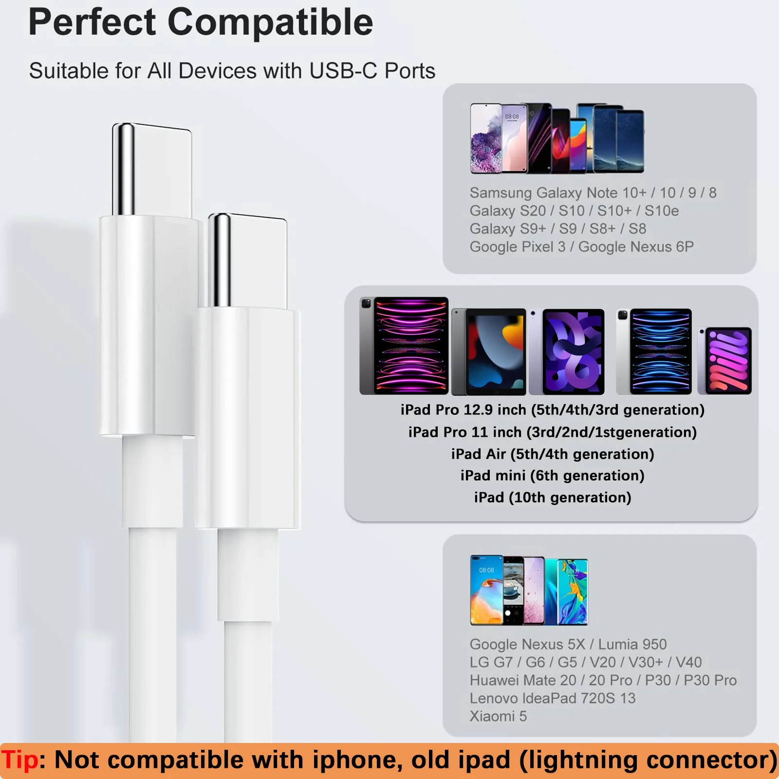Fast Charger for iPad with USB-C Port, iPad Pro Chargers, GKW 20W USBC Fast Charging 10 ft for iPad 12.9/11/10.9 inch, Air 5th/4th, Mini 6th, 10th Generation, 10ft C to C Cable, 2Pack, White - Image 3