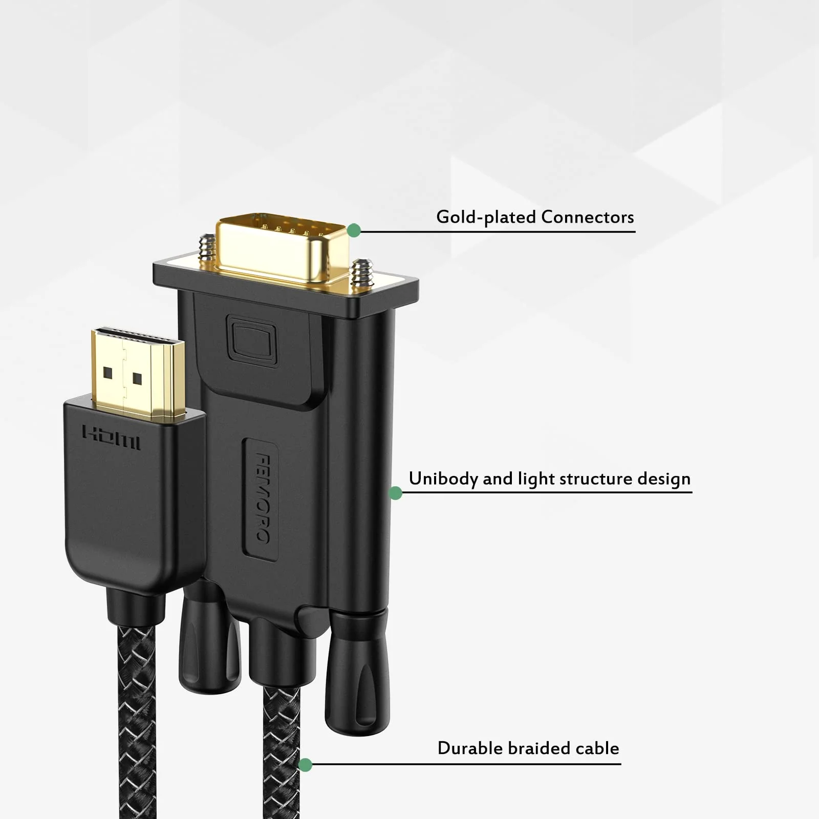 FEMORO HDMI to VGA Cable 6 Feet Male to Male Braided Cord 1080P@60Hz for Monitor, Computer, Desktop, Laptop, PC, Projector, HDTV, Game and More - Image 7