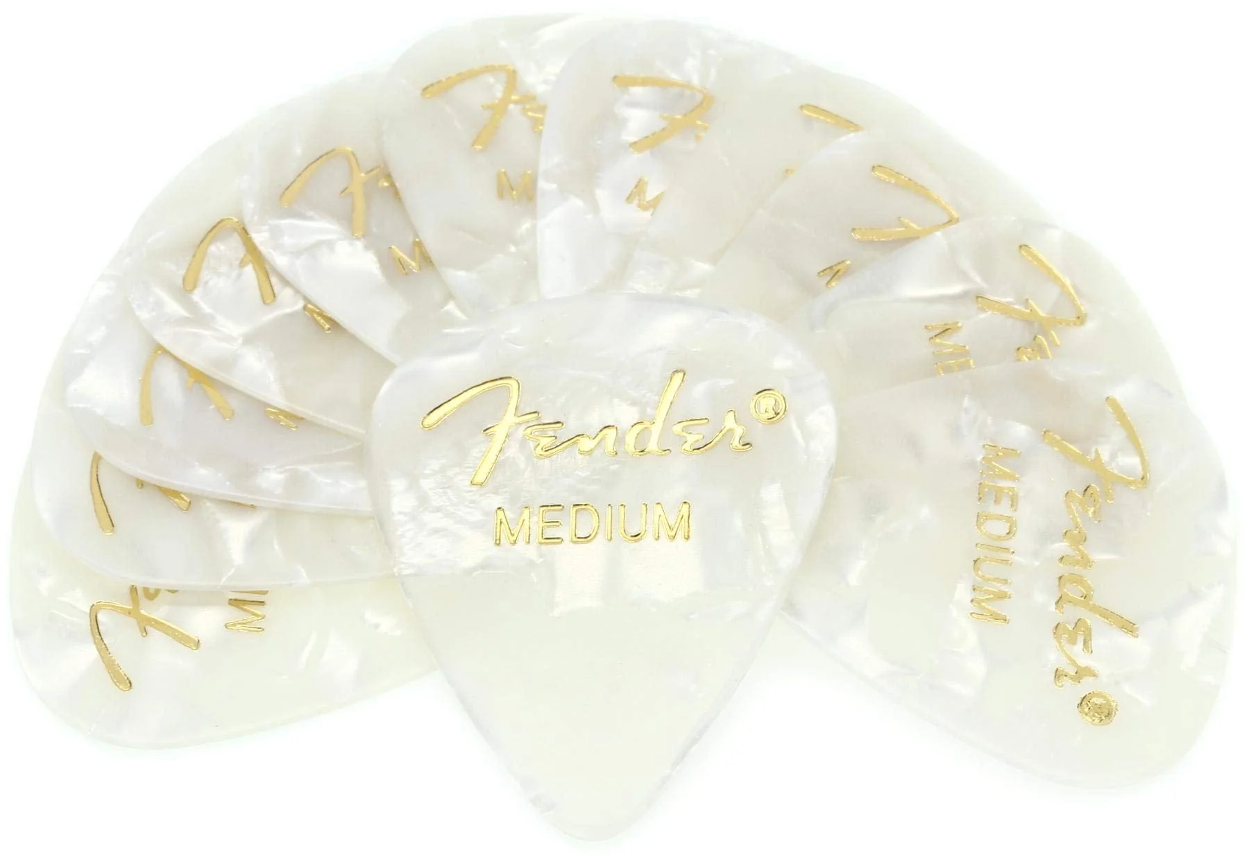 Fender 351 Shape Medium Classic Celluloid Picks, 12-Pack, White Moto for electric guitar, acoustic guitar, mandolin, and bass