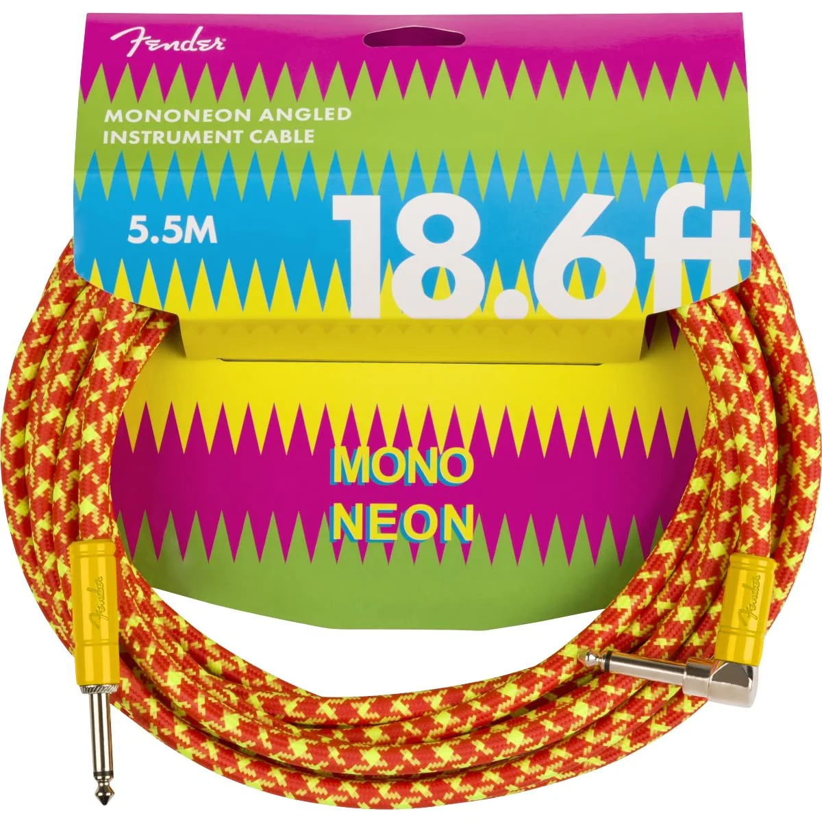 Fender MonoNeon Instrument Cable, Guitar Cable, Stocking Stuffers, Guitar Accessories, Straight/Angle, Orange/Yellow Tweed, 18.6ft