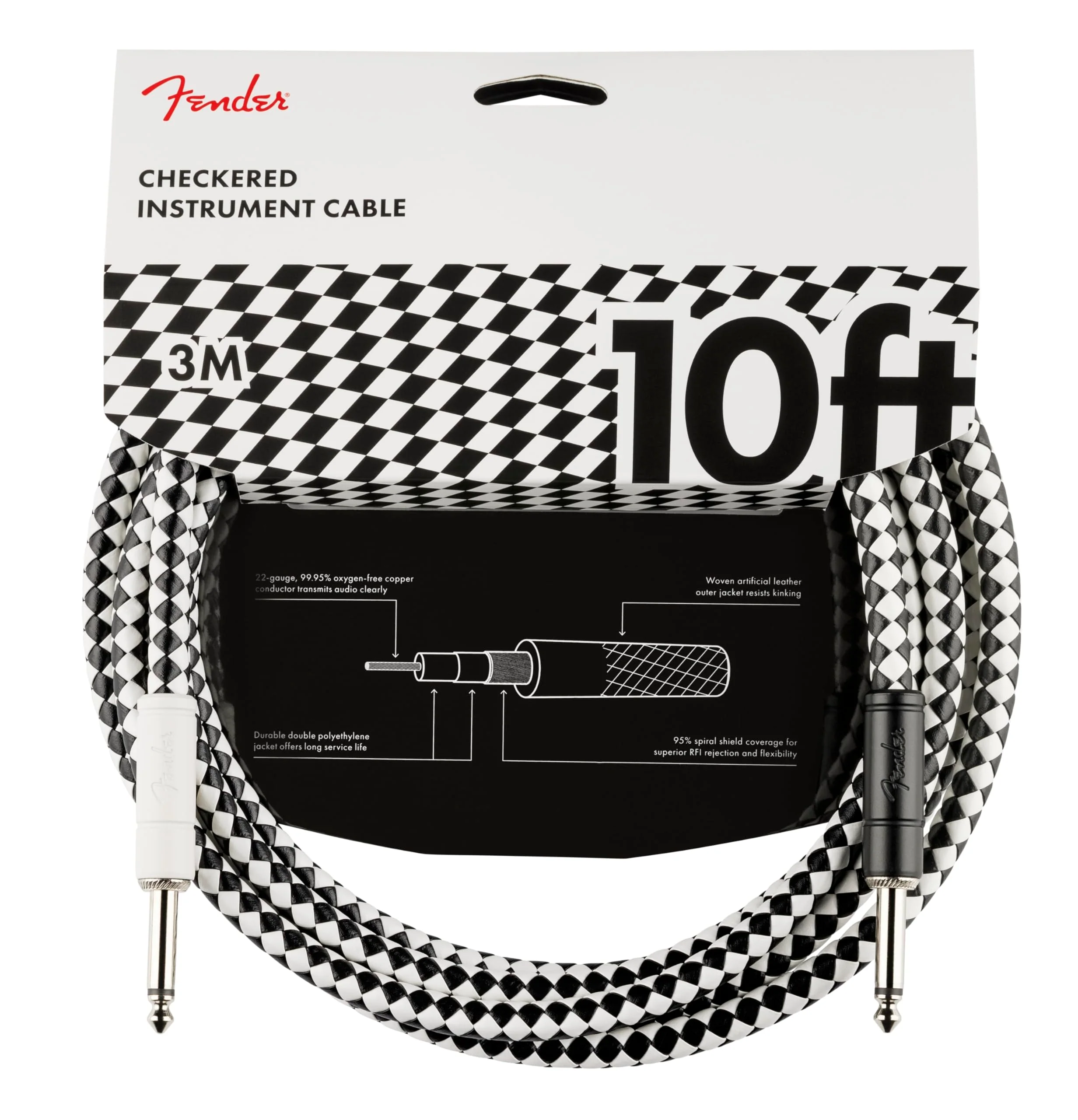 Fender Professional Series Instrument Cable, Guitar Cable, Stocking Stuffers, Guitar Accessories, Straight/Straight, Checkerboard, 10ft