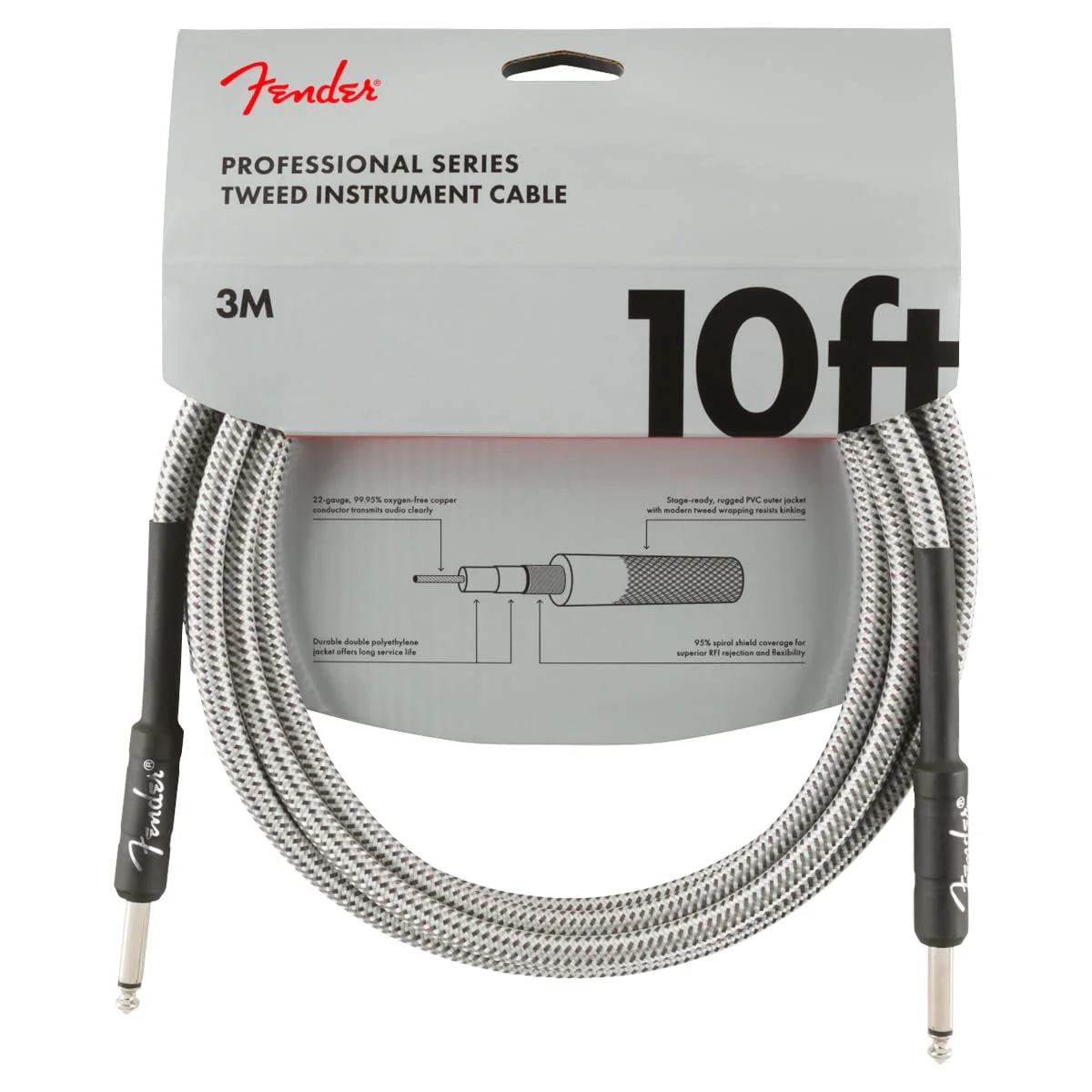 Fender Professional Series Tweed Instrument Cable, Guitar Cable, Stocking Stuffers, Guitar Accessories, Straight/Straight, White, 10ft