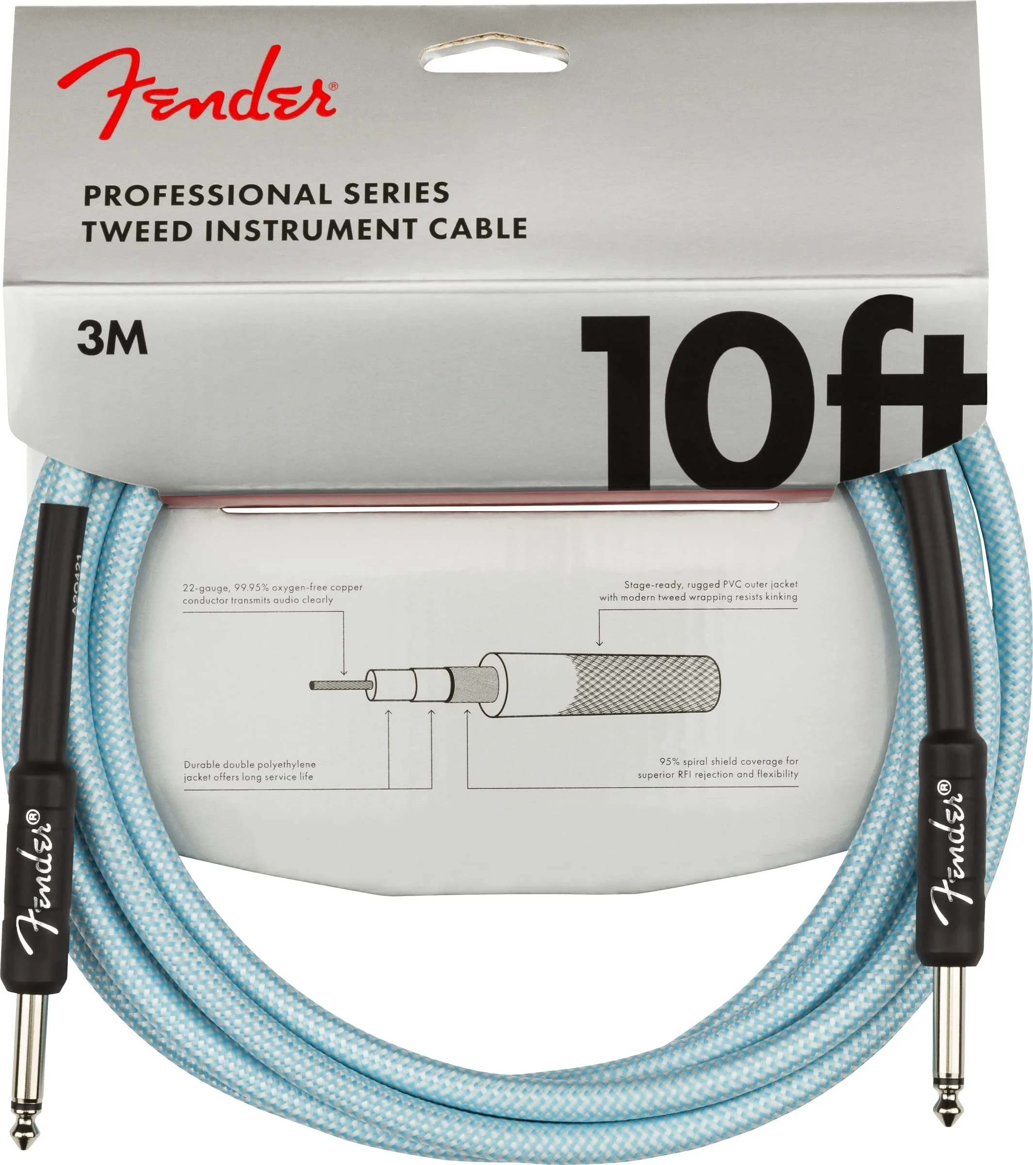 Fender Professional Series Tweed Instrument Cable, with 1-Year Warranty, Straight/Straight, Spiral Shielding for an Anti-Kinking Design, Daphne Blue, 10ft Daphne Blue Tweed