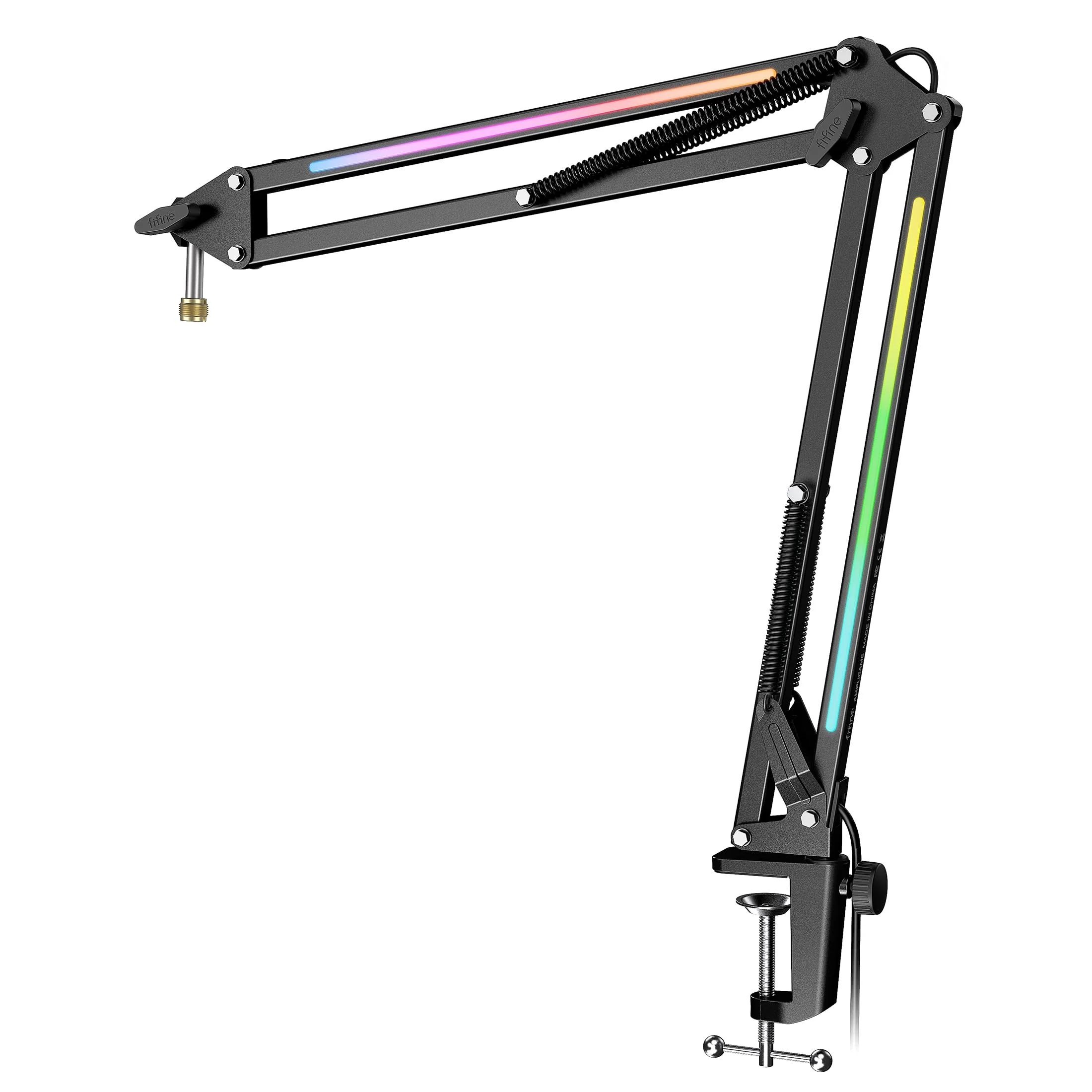 FIFINE Microphone Boom Arm, Metal Mic Arm Stand with RGB Control, 3/8” to 5/8” Screw Adapter, Desk Mount Clamp, Suspension Scissor Microphone Stand for Gaming Streaming-AmpliGame BM38 Black